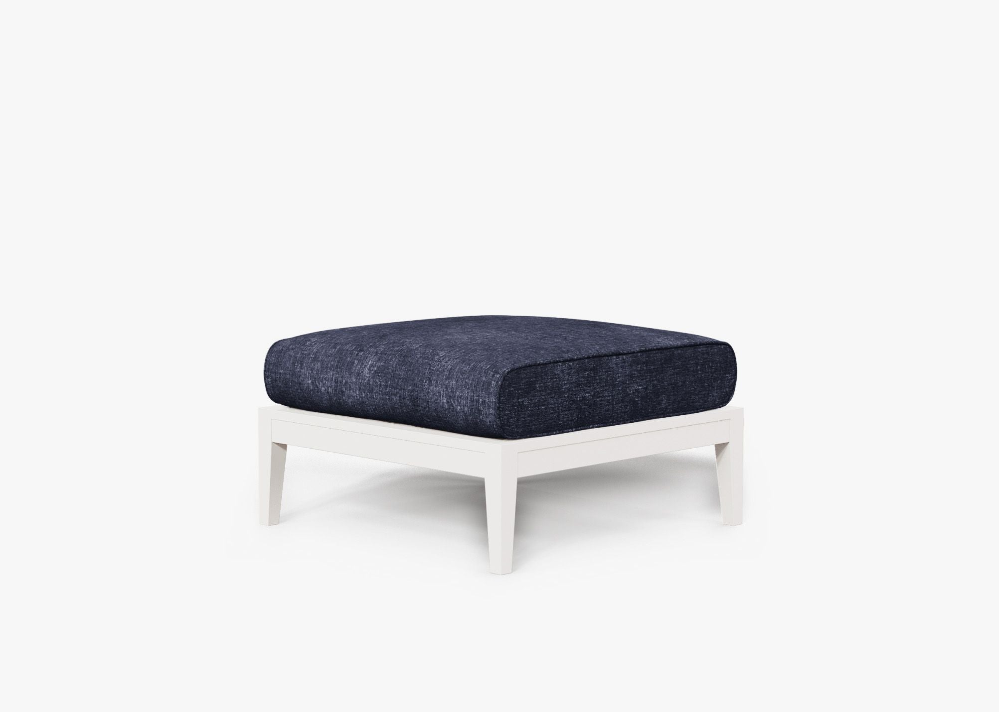 White Aluminum Outdoor Ottoman, front. Comfortable, durable, and weather resistant outdoor seating with memory foam. #color_deep sea navy