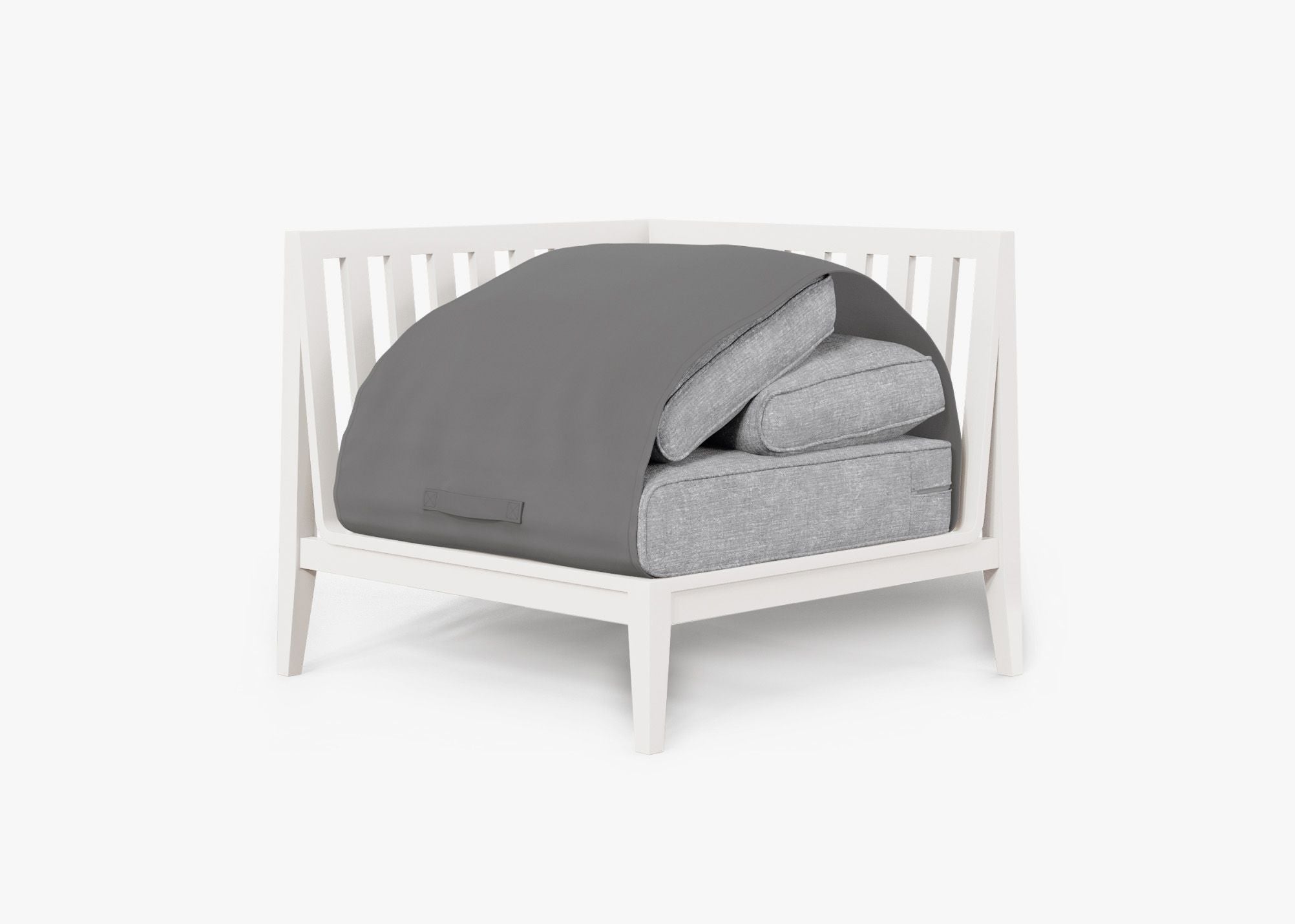 White Aluminum Outdoor Sectional Chair - Right shown with the OuterShell outdoor cushion cover, offering exclusive integrated protection. #color_pacific fog gray