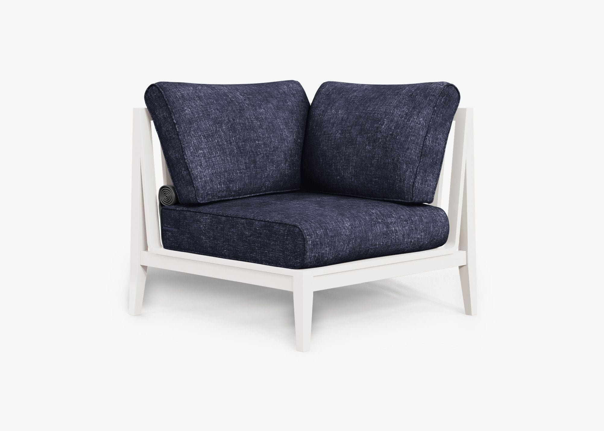White Aluminum Outdoor Sectional Chair - Left, front. Comfortable, durable, and weather resistant outdoor seating with memory foam. #color_deep sea navy