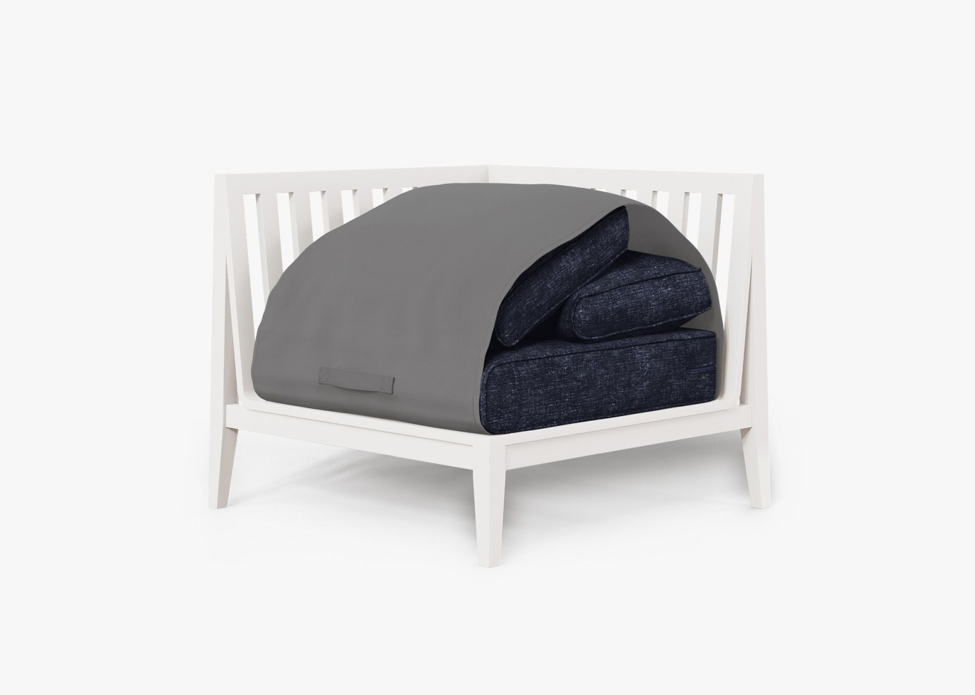 White Aluminum Outdoor Sectional Chair - Right shown with the OuterShell outdoor cushion cover, offering exclusive integrated protection. #color_deep sea navy