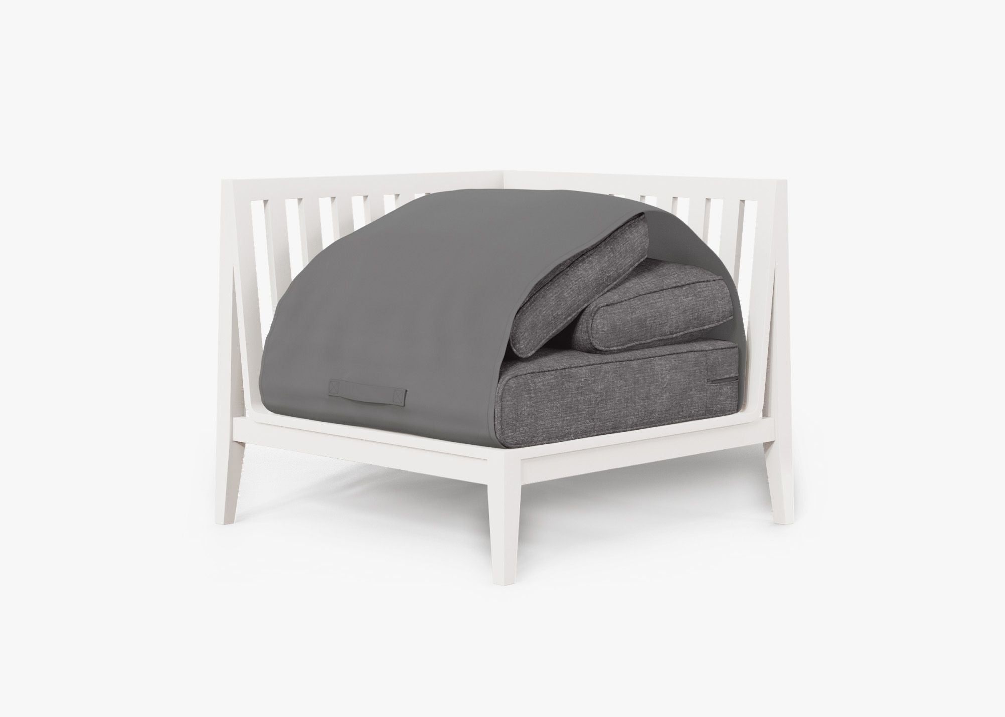 White Aluminum Outdoor Sectional Chair - Right shown with the OuterShell outdoor cushion cover, offering exclusive integrated protection. #color_dark pebble gray