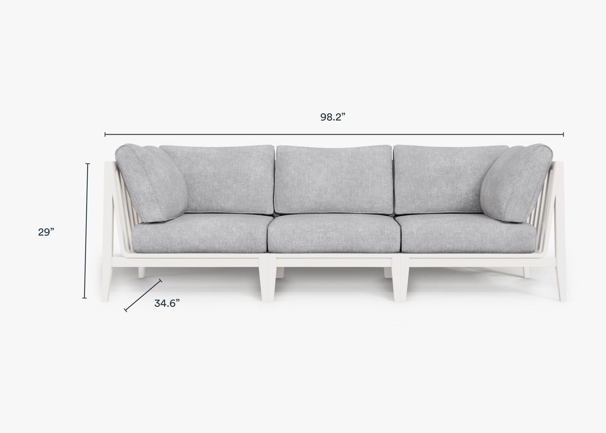 White Aluminum Outdoor Sofa - 3 Seat dimensions in inches, also listed under Dimensions and Weights. #color_pacific fog gray