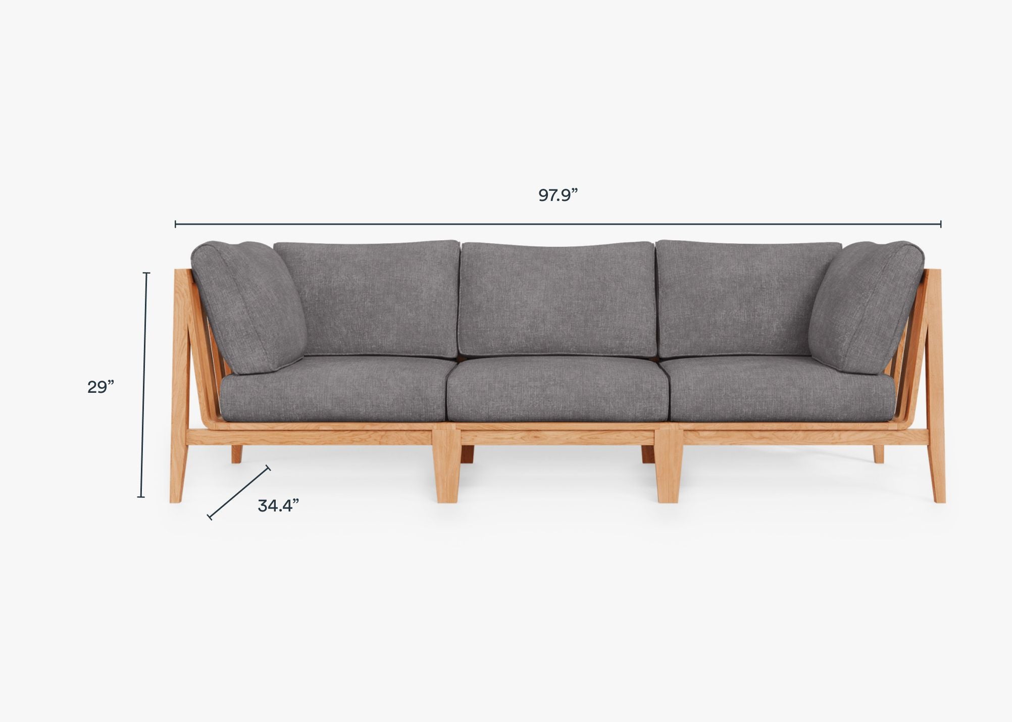 Teak Outdoor Sofa - 3 Seat dimensions in inches, also listed under Dimensions and Weights. #color_dark pebble gray