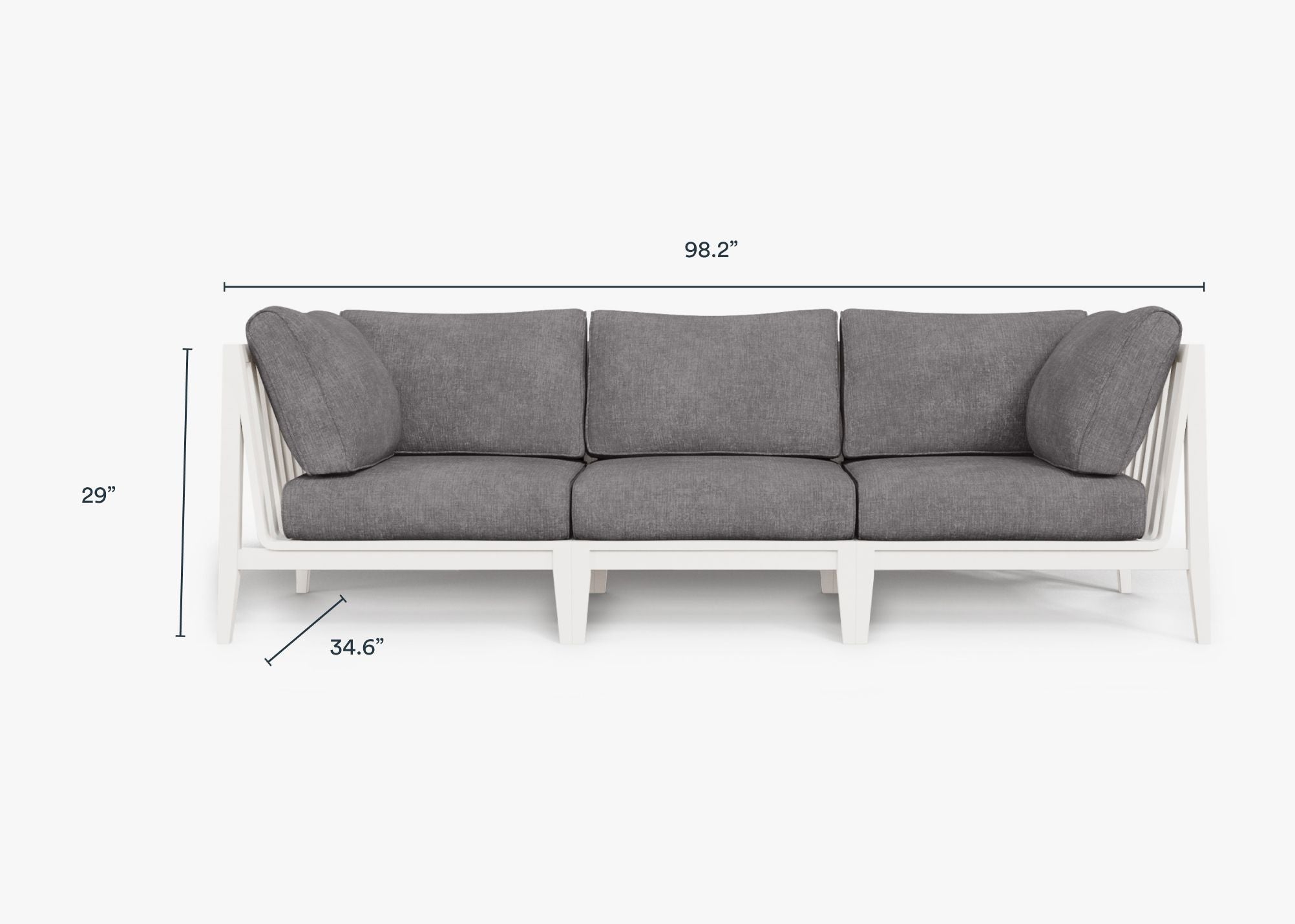White Aluminum Outdoor Sofa - 3 Seat dimensions in inches, also listed under Dimensions and Weights. #color_dark pebble gray