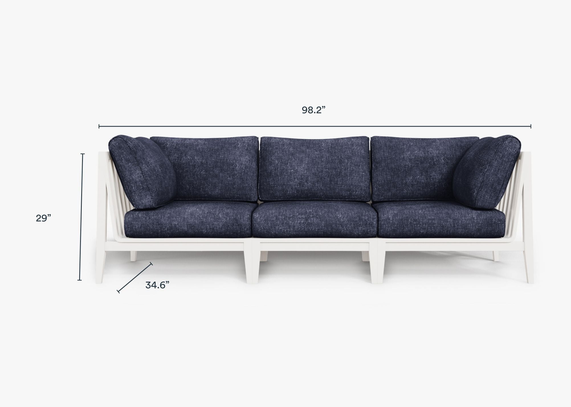 White Aluminum Outdoor Sofa - 3 Seat dimensions in inches, also listed under Dimensions and Weights. #color_deep sea navy