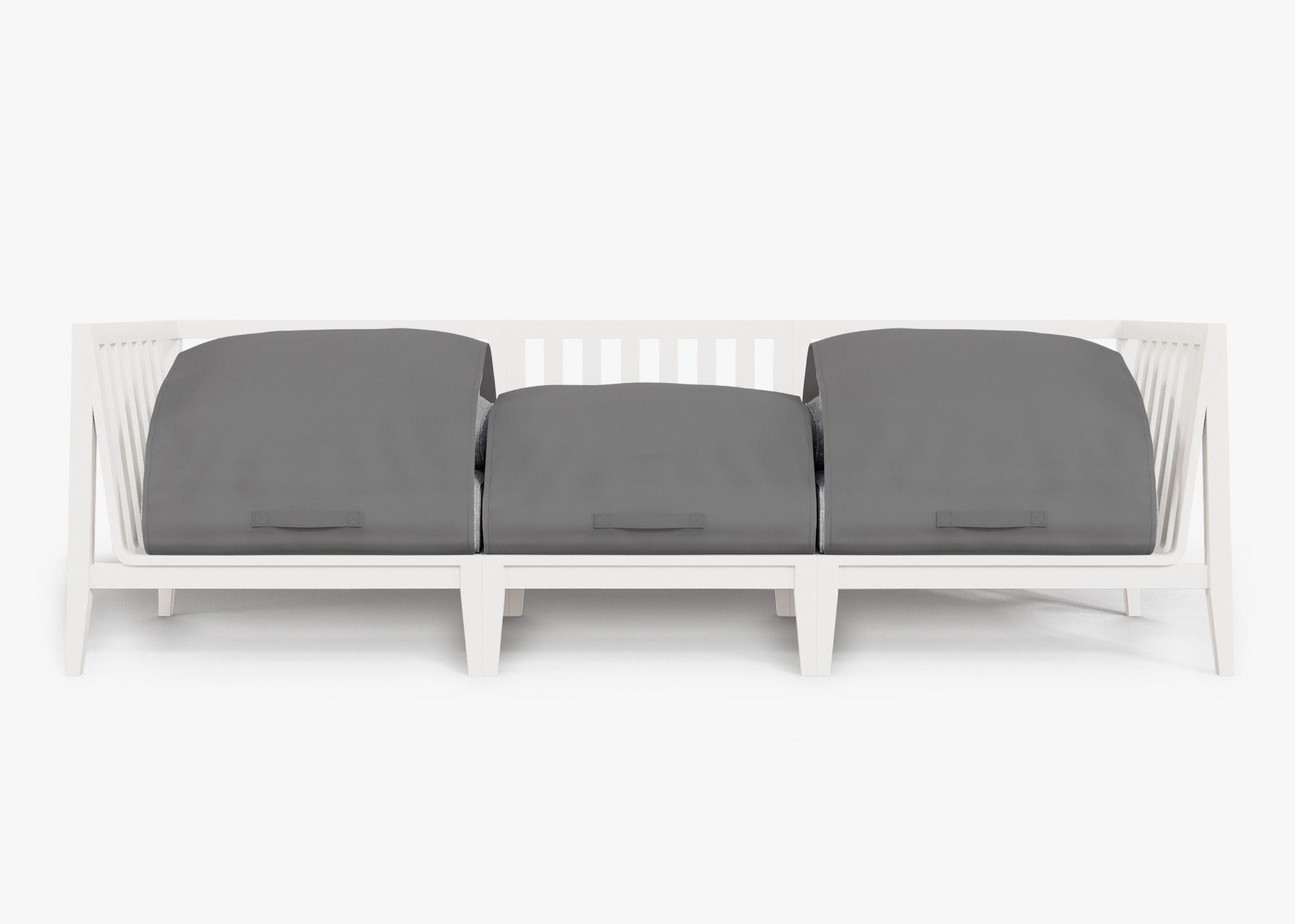 White Aluminum Outdoor Sofa - 3 Seat shown with the OuterShell outdoor cushion cover, offering exclusive integrated protection. #color_pacific fog gray