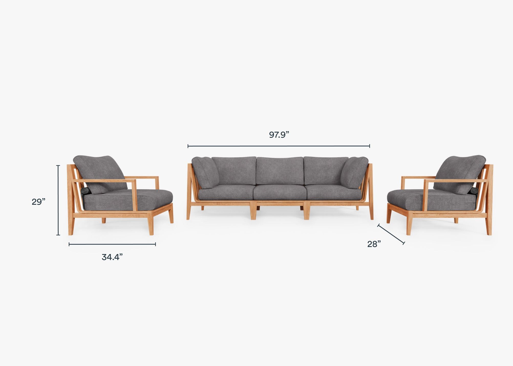 Teak Outdoor Sofa with Armchairs - 5 Seat dimensions in inches, also listed under Dimensions and Weights. #color_dark pebble gray