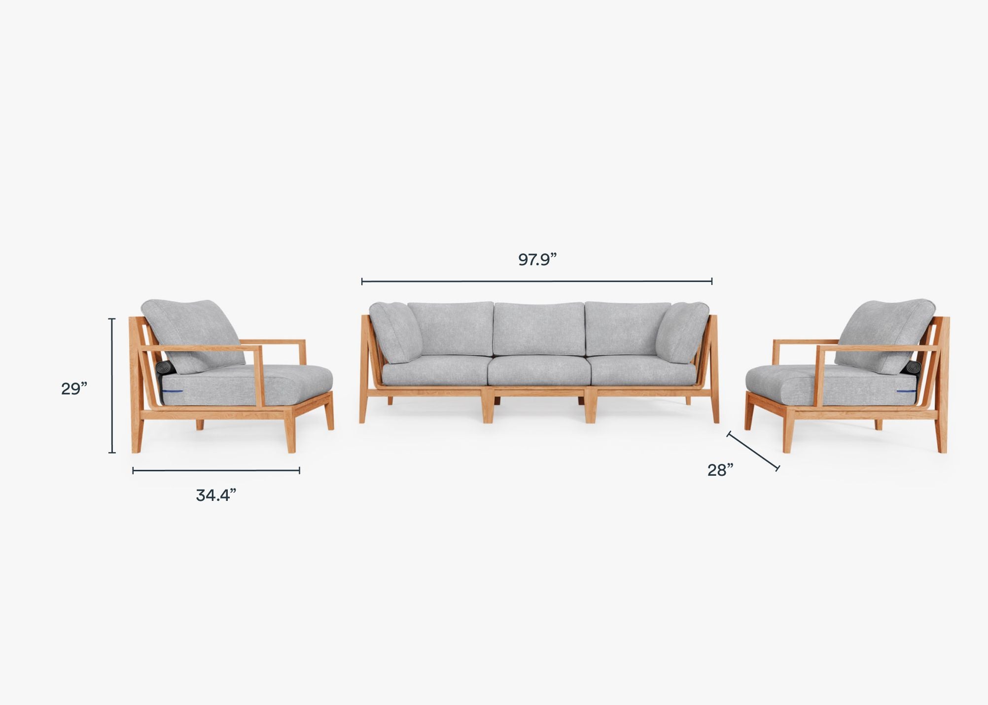 Teak Outdoor Sofa with Armchairs - 5 Seat dimensions in inches, also listed under Dimensions and Weights. #color_pacific fog gray