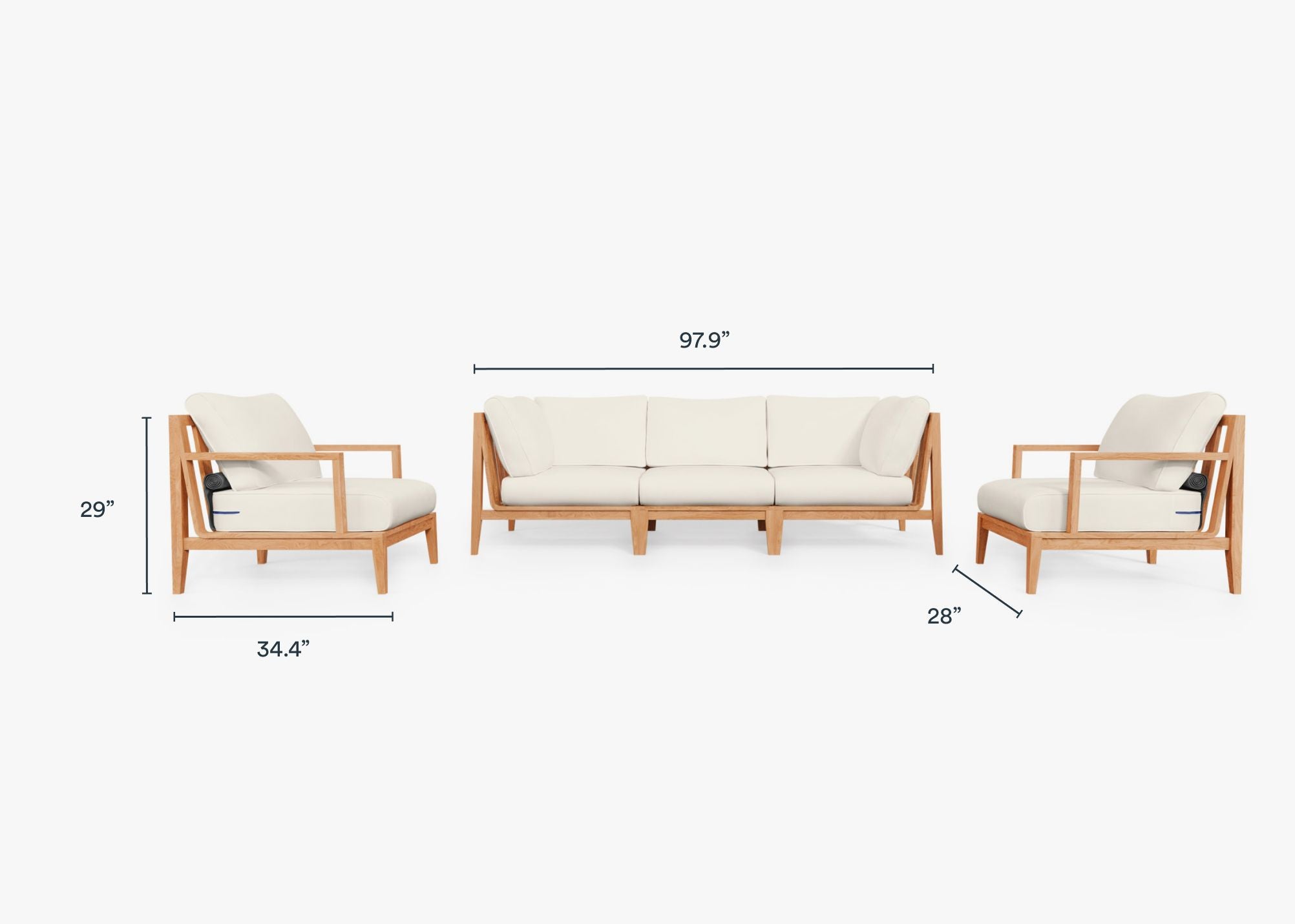 Teak Outdoor Sofa with Armchairs - 5 Seat dimensions in inches, also listed under Dimensions and Weights. #color_palisades cream
