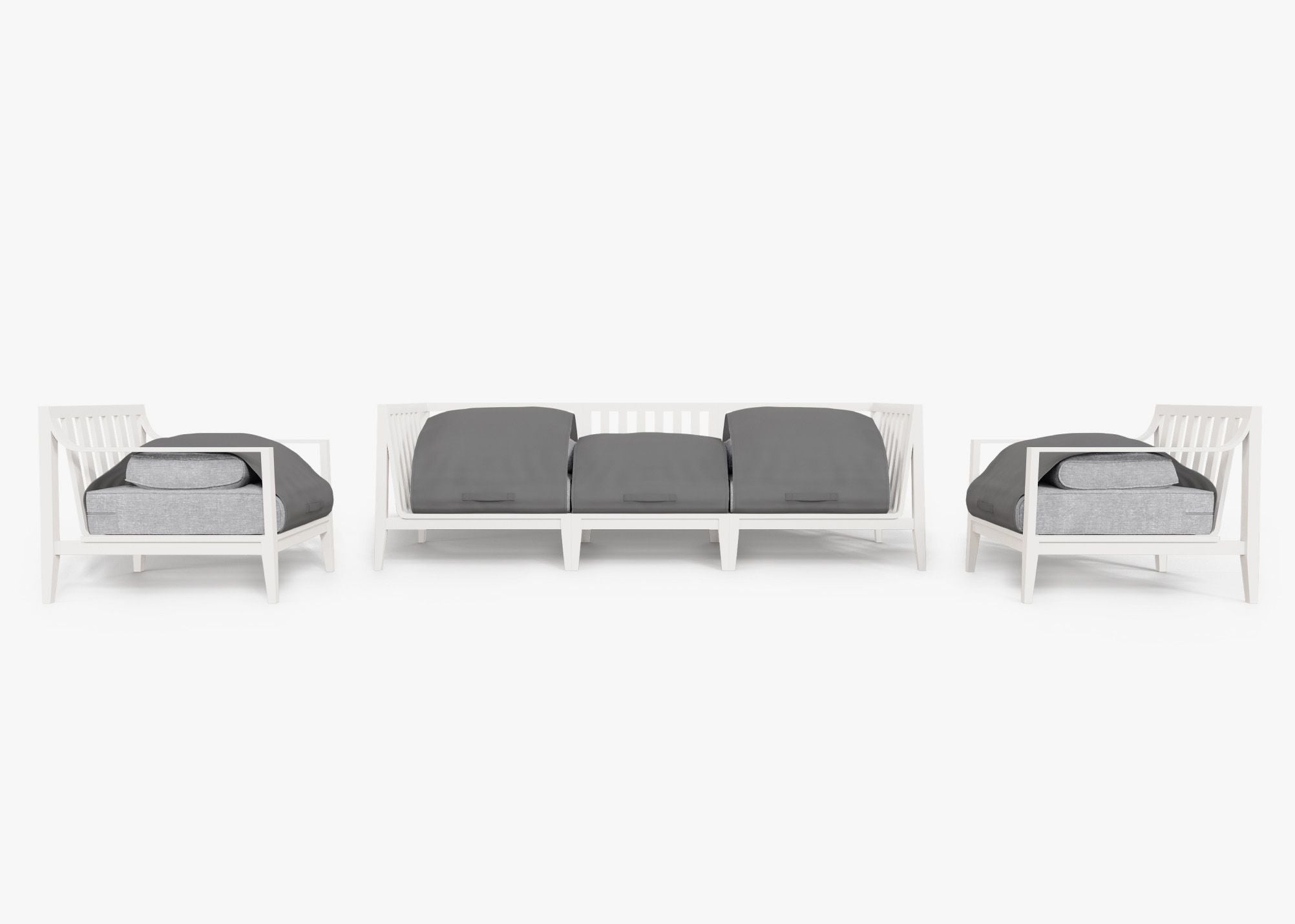White Aluminum Outdoor Sofa with Armchairs - 5 Seat shown with the OuterShell outdoor cushion cover, offering exclusive integrated protection. #color_pacific fog gray