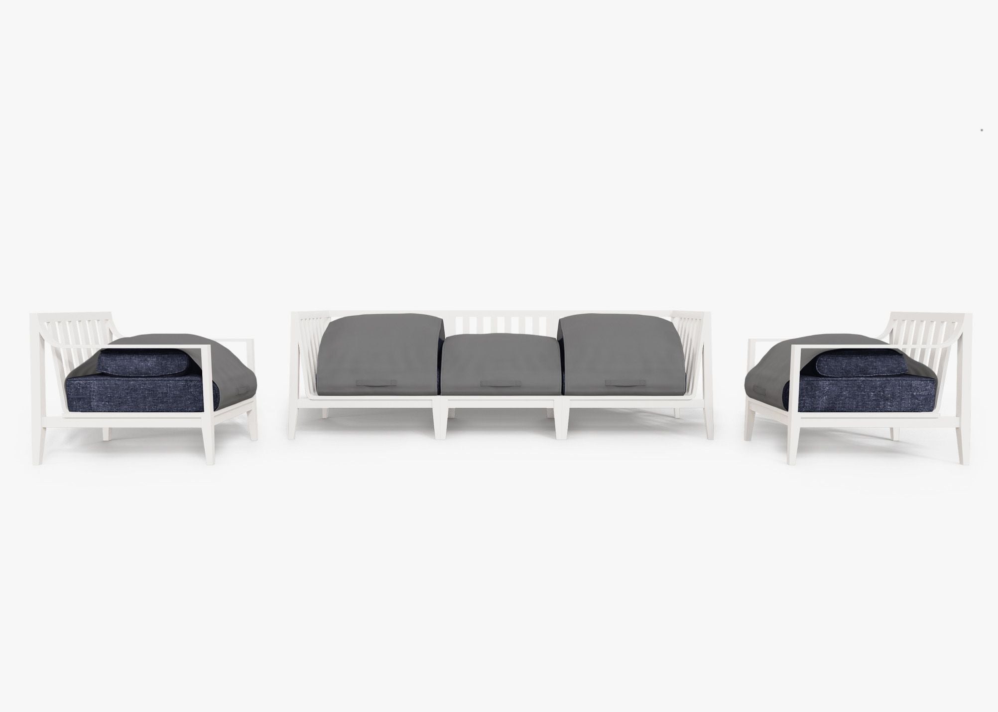 White Aluminum Outdoor Sofa with Armchairs - 5 Seat shown with the OuterShell outdoor cushion cover, offering exclusive integrated protection. #color_deep sea navy