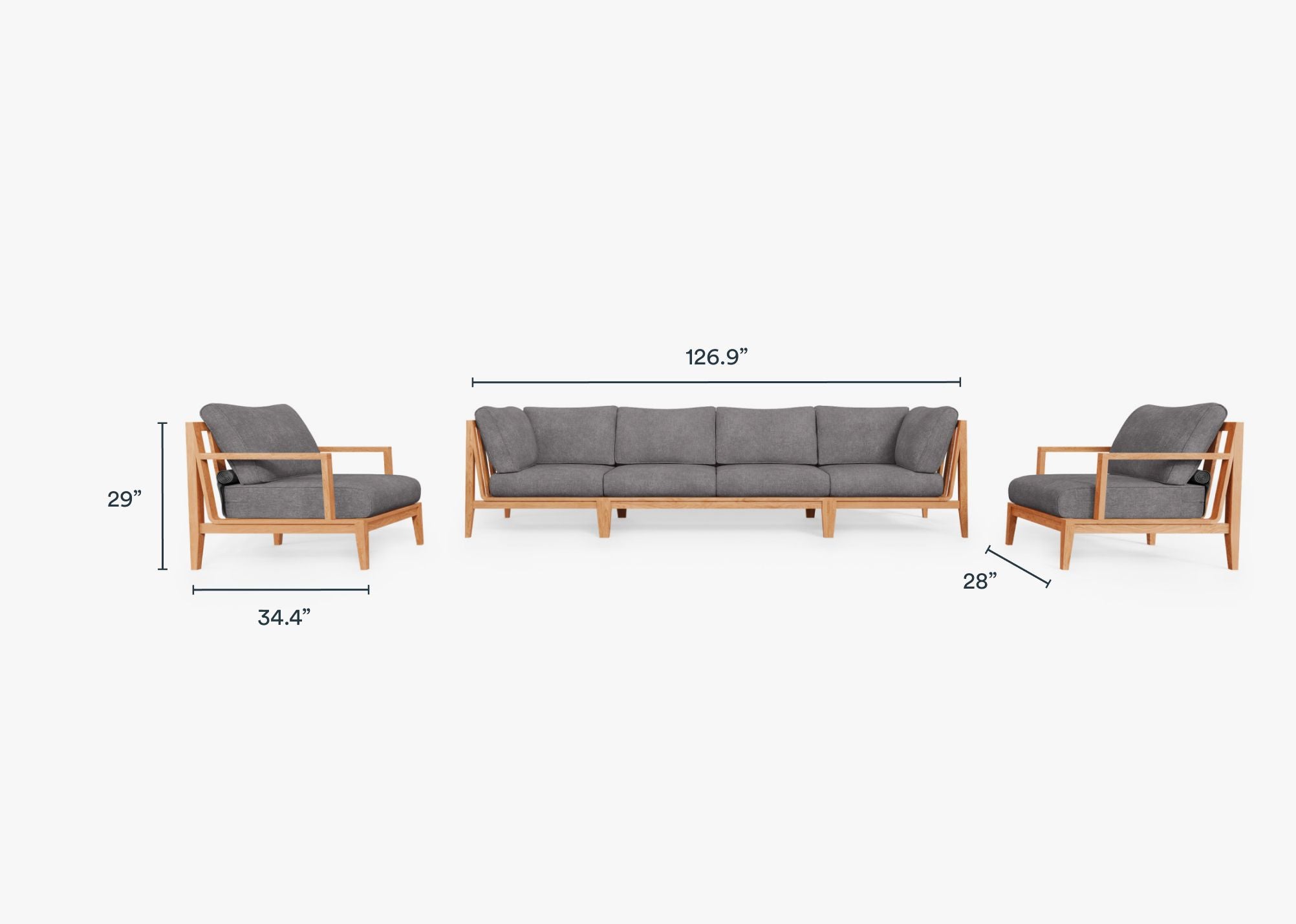 Teak Outdoor Sofa with Armchairs - 6 Seat dimensions in inches, also listed under Dimensions and Weights. #color_dark pebble gray