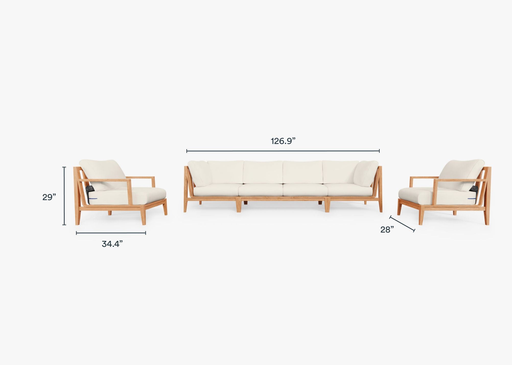Teak Outdoor Sofa with Armchairs - 6 Seat dimensions in inches, also listed under Dimensions and Weights. #color_palisades cream