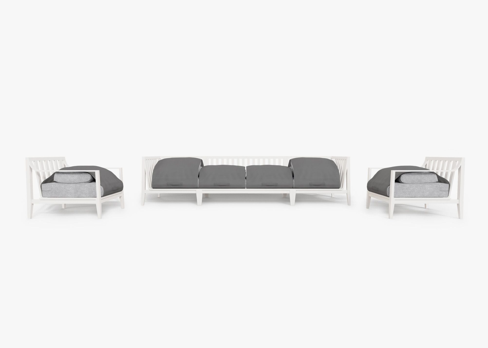 White Aluminum Outdoor Sofa with Armchairs - 6 Seat shown with the OuterShell outdoor cushion cover, offering exclusive integrated protection. #color_pacific fog gray