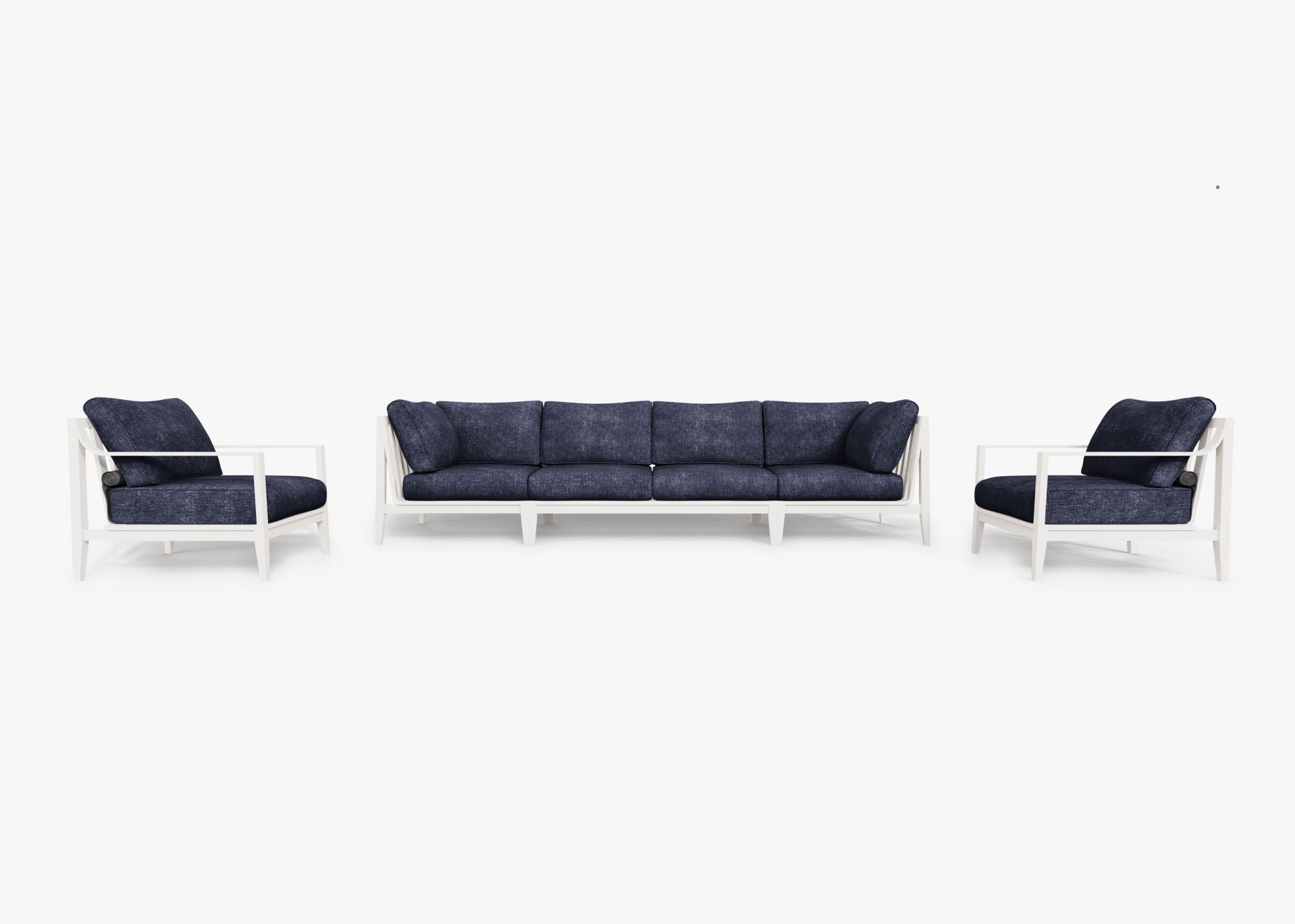 White Aluminum Outdoor Sofa with Armchairs - 6 Seat, front. Comfortable, durable, and weather resistant outdoor seating with memory foam. #color_deep sea navy