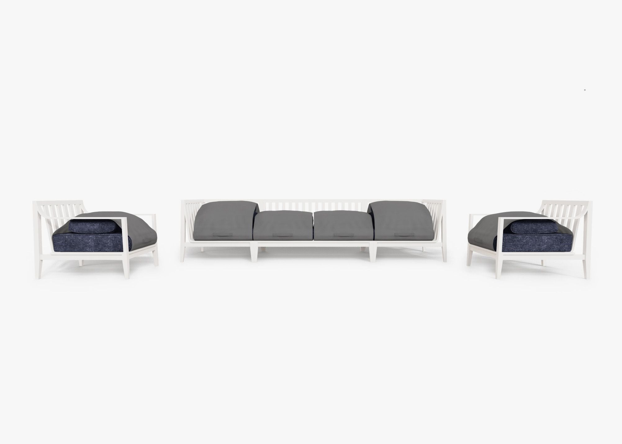 White Aluminum Outdoor Sofa with Armchairs - 6 Seat shown with the OuterShell outdoor cushion cover, offering exclusive integrated protection. #color_deep sea navy