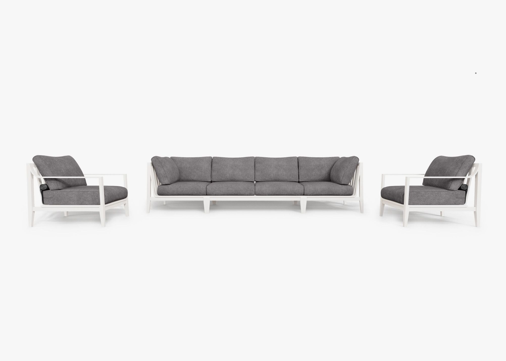 White Aluminum Outdoor Sofa with Armchairs - 6 Seat, front. Comfortable, durable, and weather resistant outdoor seating with memory foam. #color_dark pebble gray