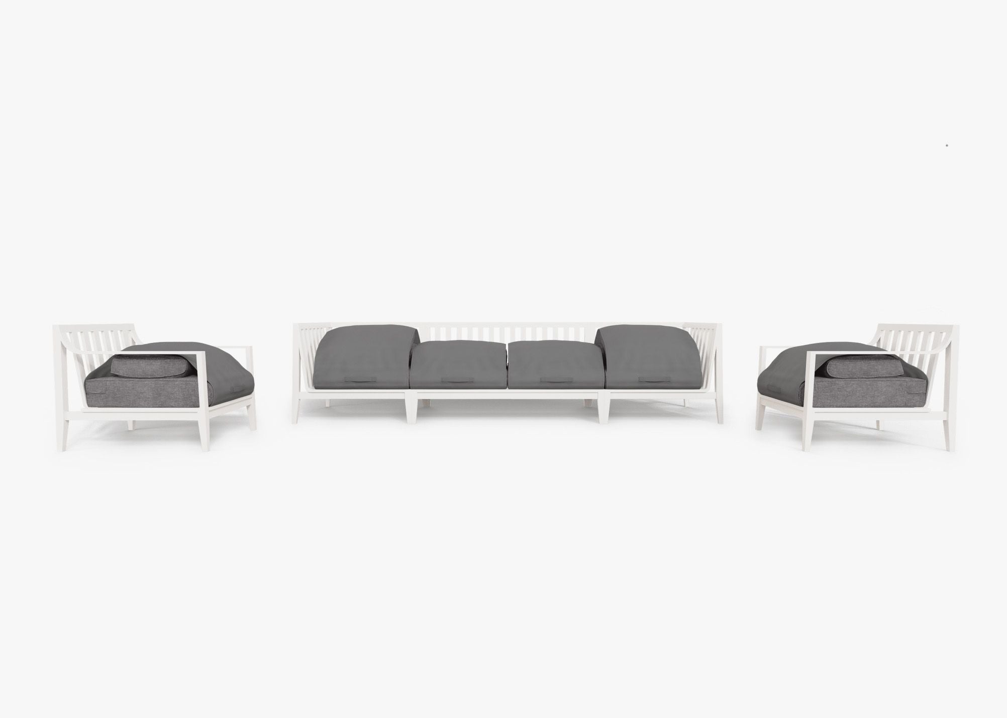 White Aluminum Outdoor Sofa with Armchairs - 6 Seat shown with the OuterShell outdoor cushion cover, offering exclusive integrated protection. #color_dark pebble gray
