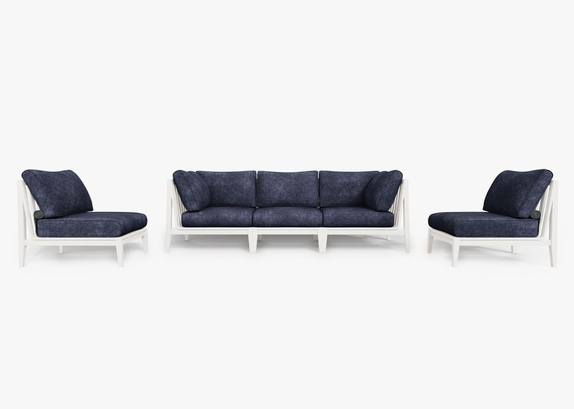 White Aluminum Outdoor Sofa with Armless Chairs - 5 Seat, front. Comfortable, durable, and weather resistant outdoor seating with memory foam. #color_deep sea navy