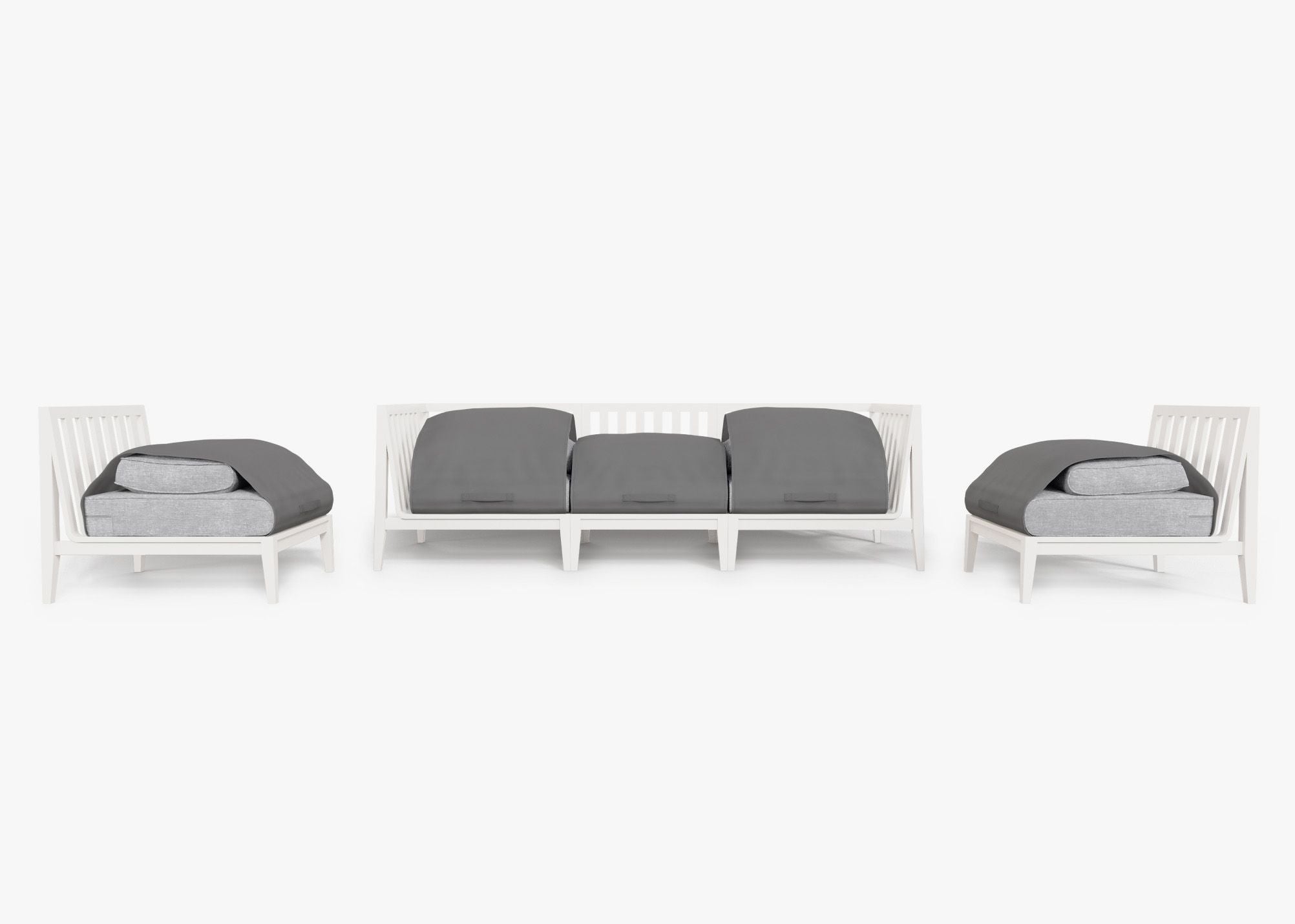 White Aluminum Outdoor Sofa with Armless Chairs - 5 Seat shown with the OuterShell outdoor cushion cover, offering exclusive integrated protection. #color_pacific fog gray