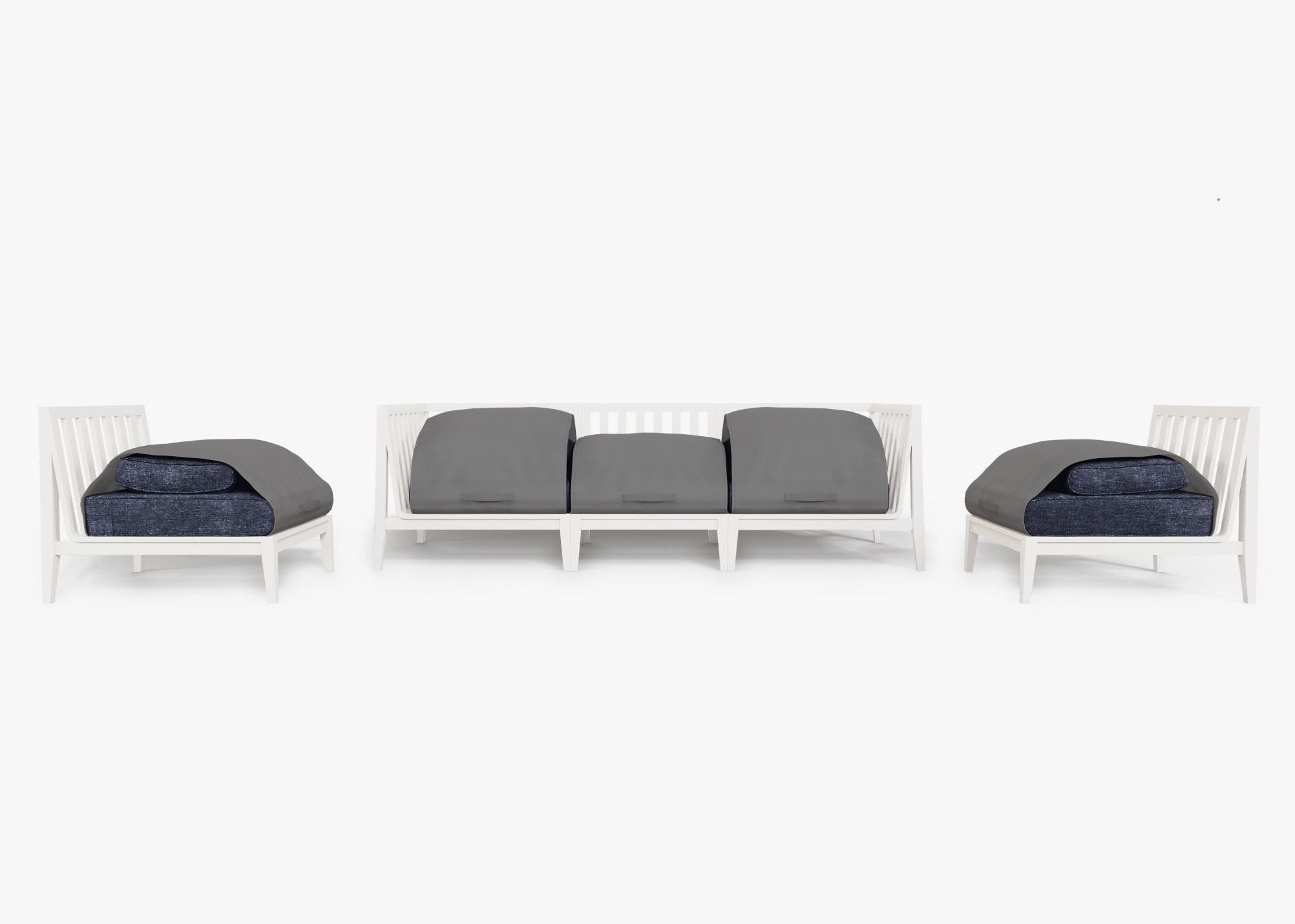 White Aluminum Outdoor Sofa with Armless Chairs - 5 Seat shown with the OuterShell outdoor cushion cover, offering exclusive integrated protection. #color_deep sea navy