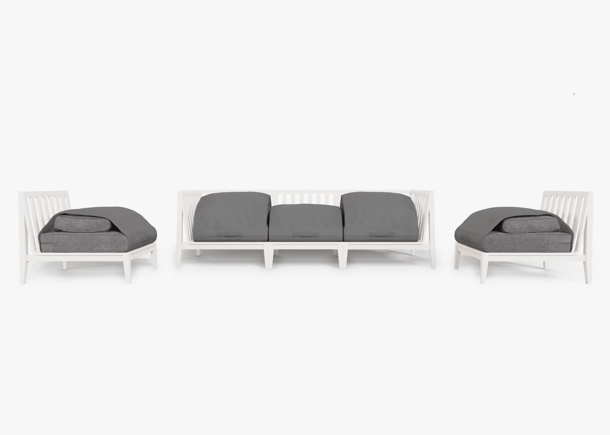 White Aluminum Outdoor Sofa with Armless Chairs - 5 Seat shown with the OuterShell outdoor cushion cover, offering exclusive integrated protection. #color_dark pebble gray