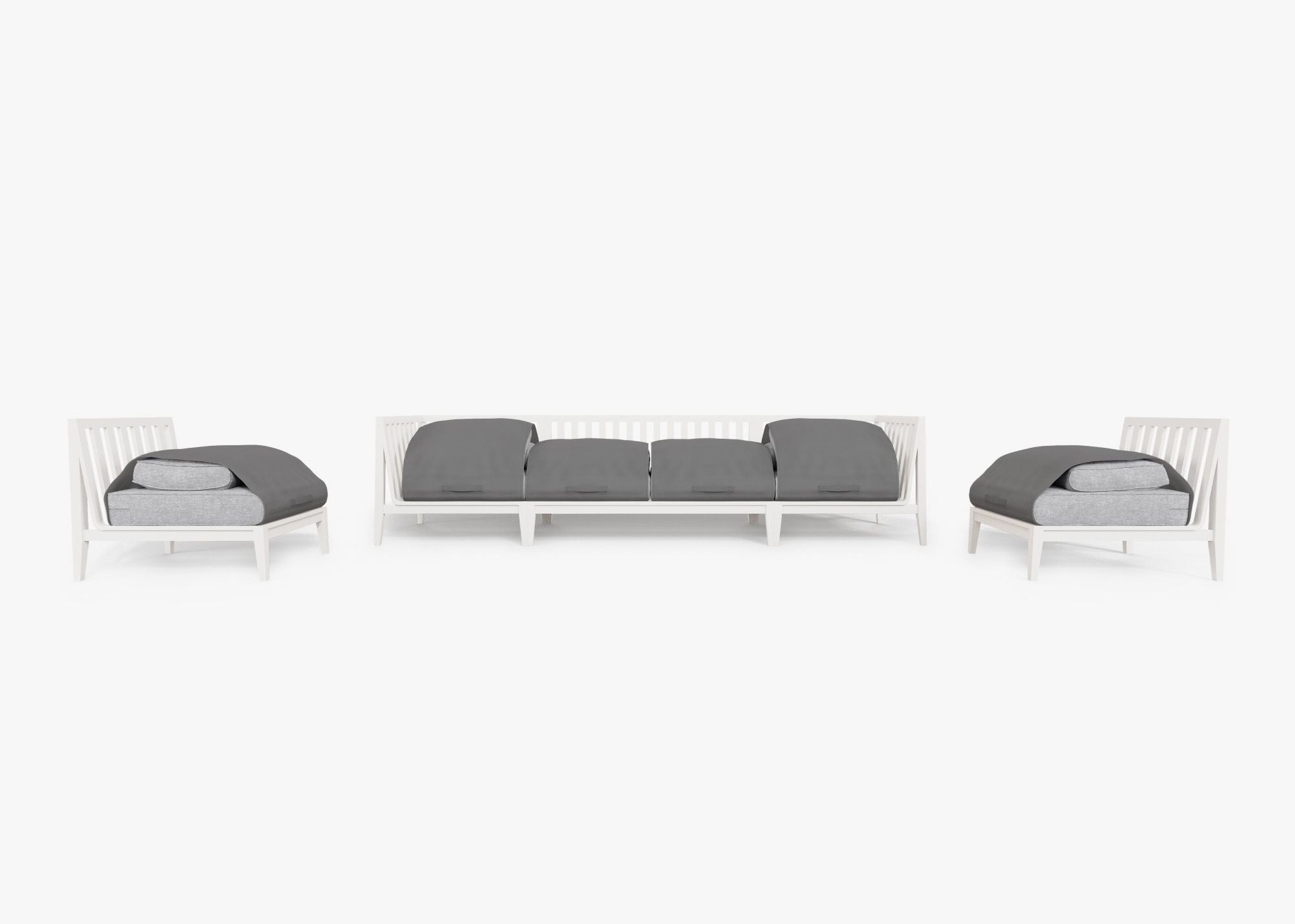 White Aluminum Outdoor Sofa with Armless Chairs - 6 Seat shown with the OuterShell outdoor cushion cover, offering exclusive integrated protection. #color_pacific fog gray