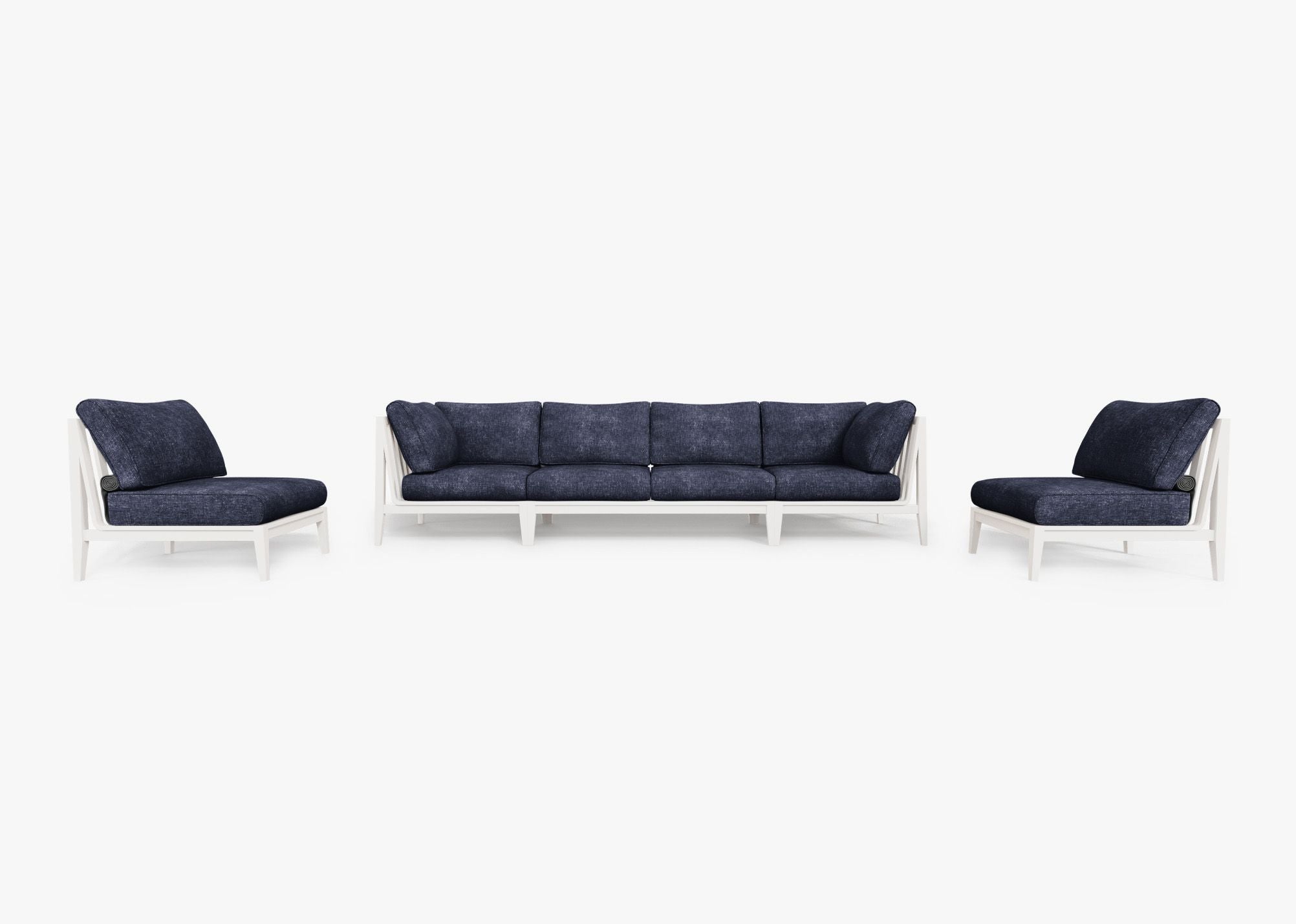 White Aluminum Outdoor Sofa with Armless Chairs - 6 Seat, front. Comfortable, durable, and weather resistant outdoor seating with memory foam. #color_deep sea navy