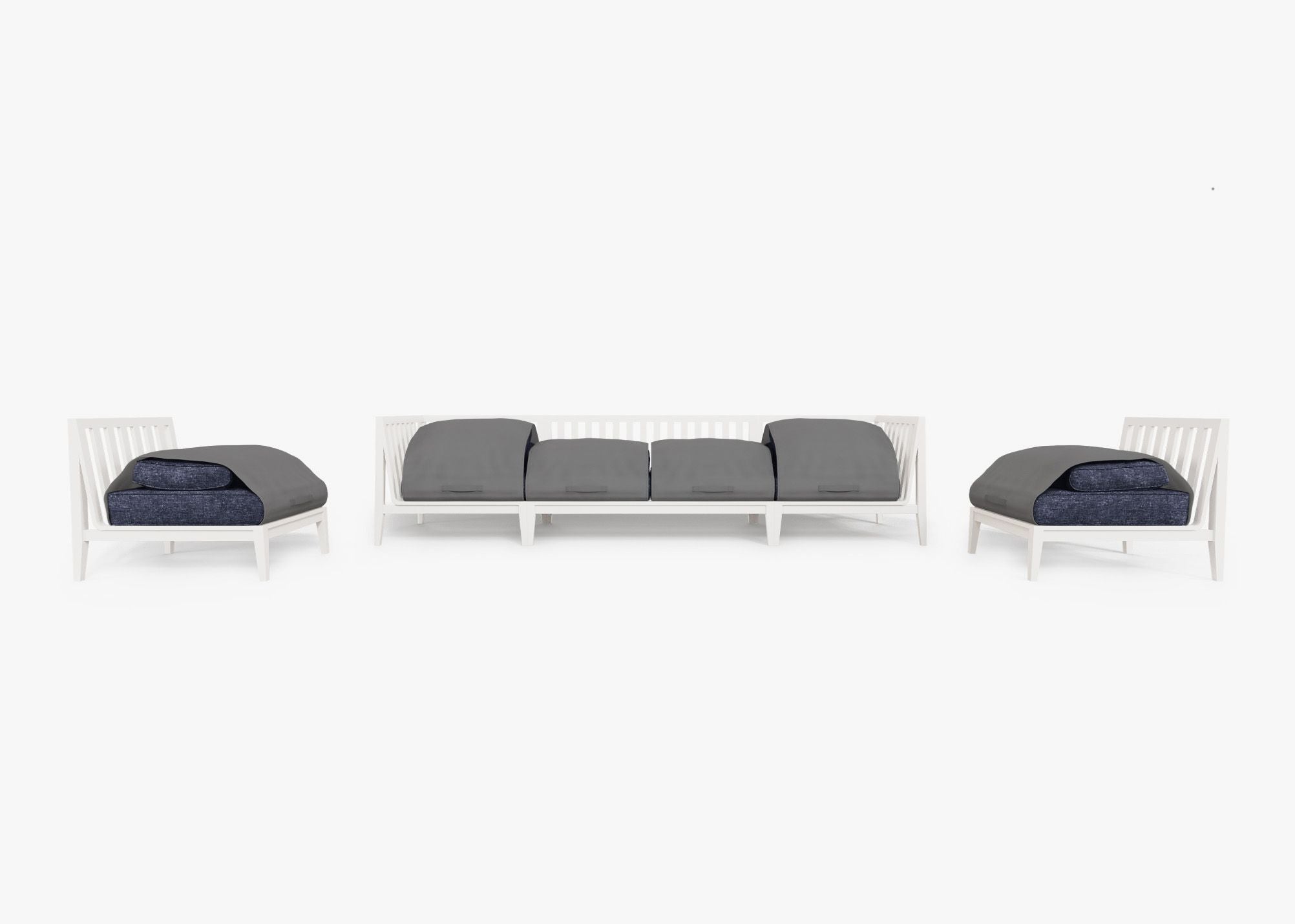 White Aluminum Outdoor Sofa with Armless Chairs - 6 Seat shown with the OuterShell outdoor cushion cover, offering exclusive integrated protection. #color_deep sea navy
