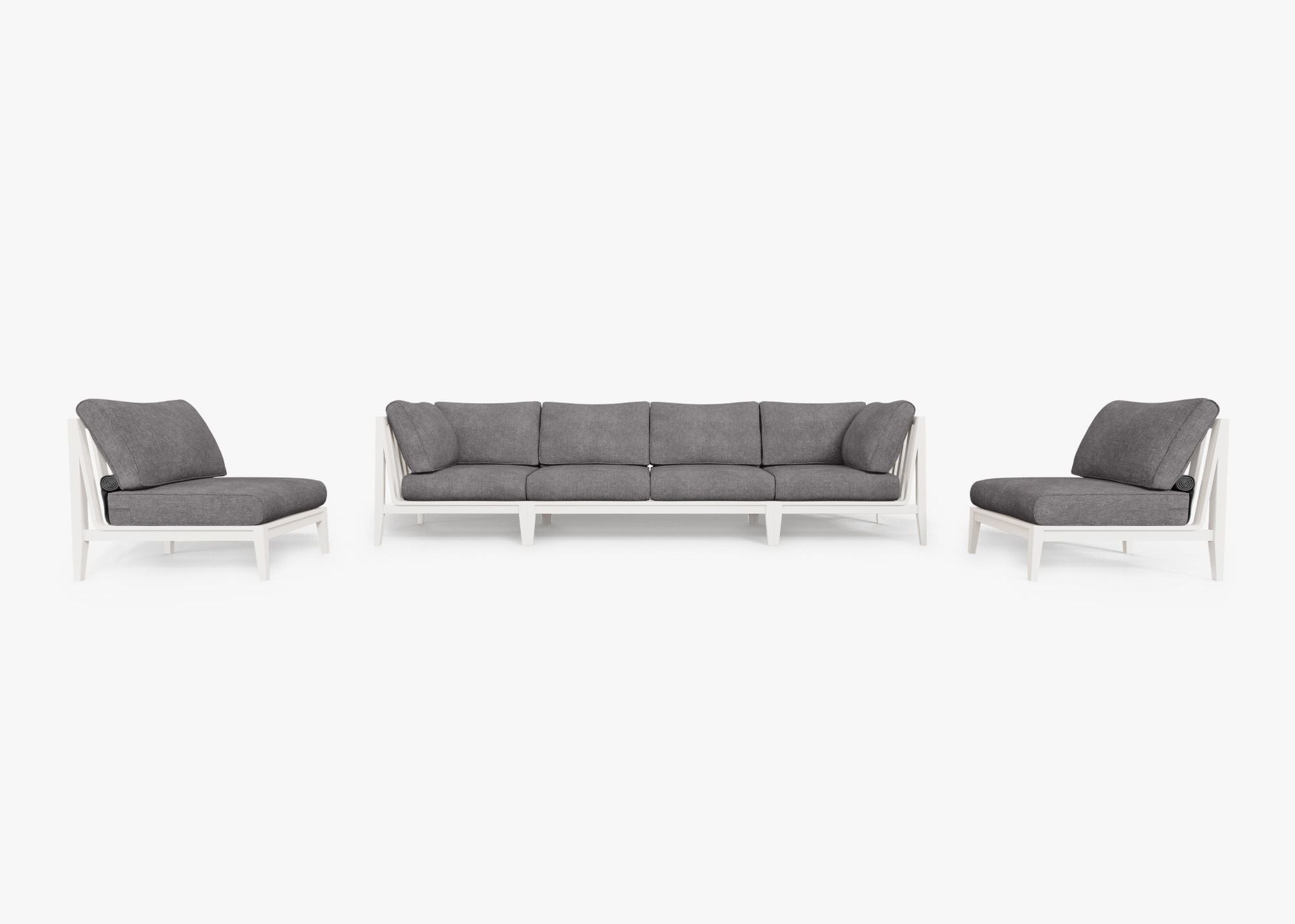 White Aluminum Outdoor Sofa with Armless Chairs - 6 Seat, front. Comfortable, durable, and weather resistant outdoor seating with memory foam. #color_dark pebble gray