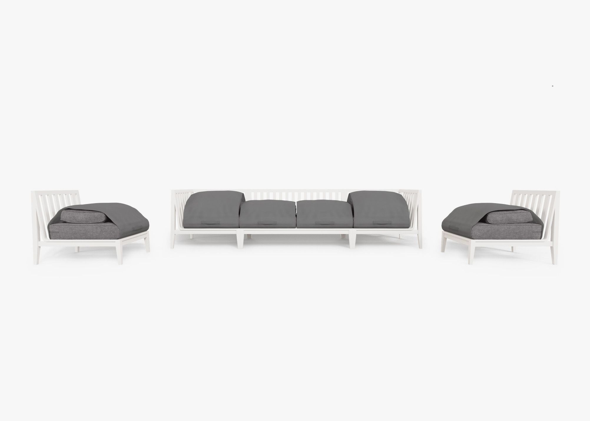 White Aluminum Outdoor Sofa with Armless Chairs - 6 Seat shown with the OuterShell outdoor cushion cover, offering exclusive integrated protection. #color_dark pebble gray