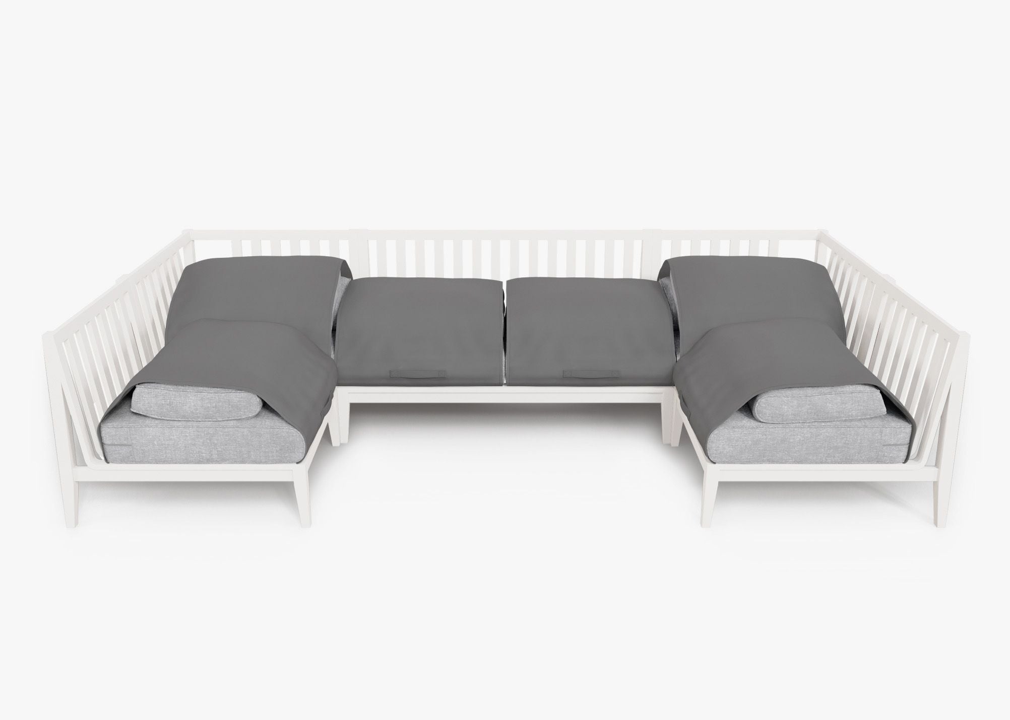 White Aluminum Outdoor U Sectional - 6 Seat shown with the OuterShell outdoor cushion cover, offering exclusive integrated protection. #color_pacific fog gray