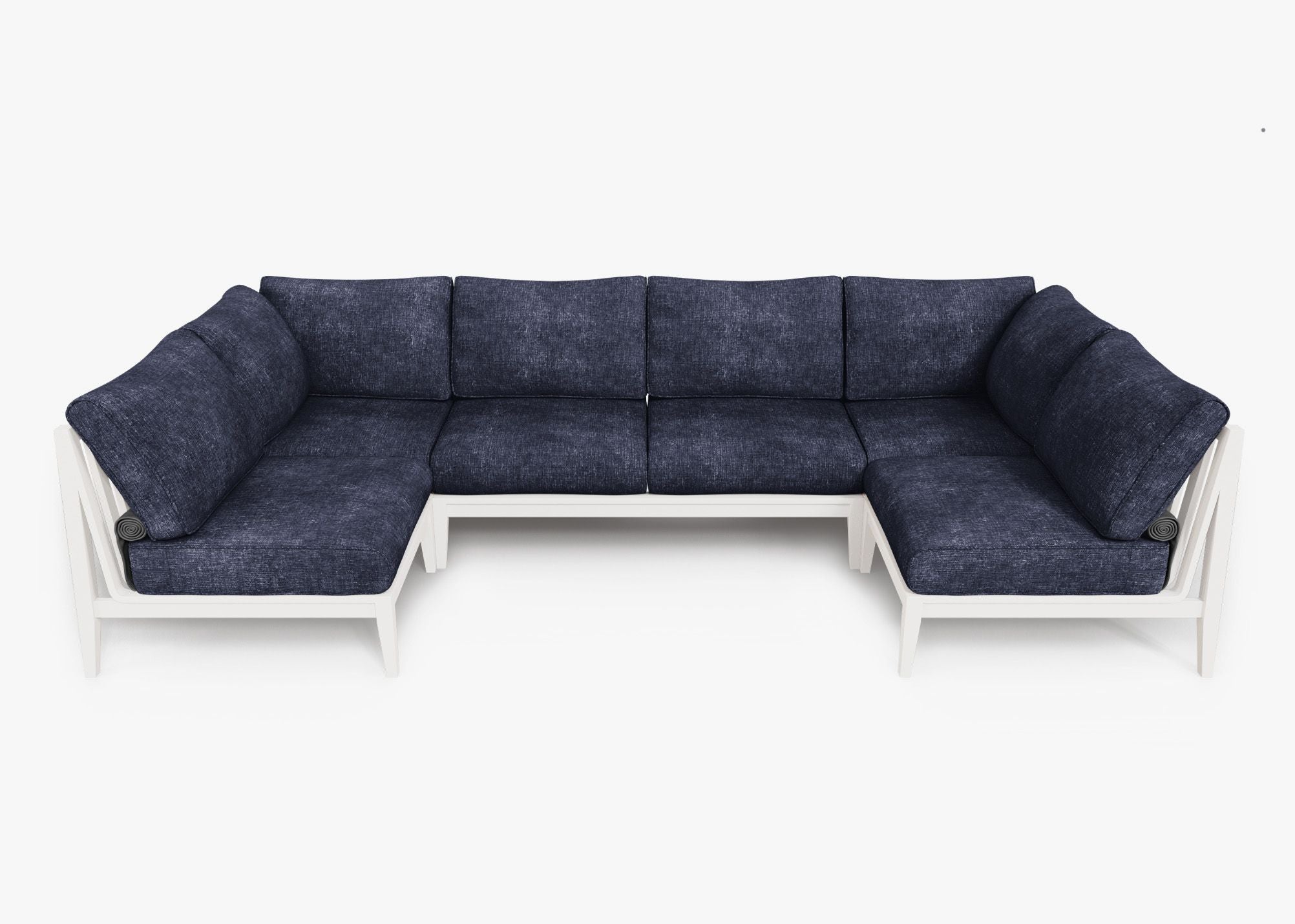 White Aluminum Outdoor U Sectional - 6 Seat, front. Comfortable, durable, and weather resistant outdoor seating with memory foam. #color_deep sea navy