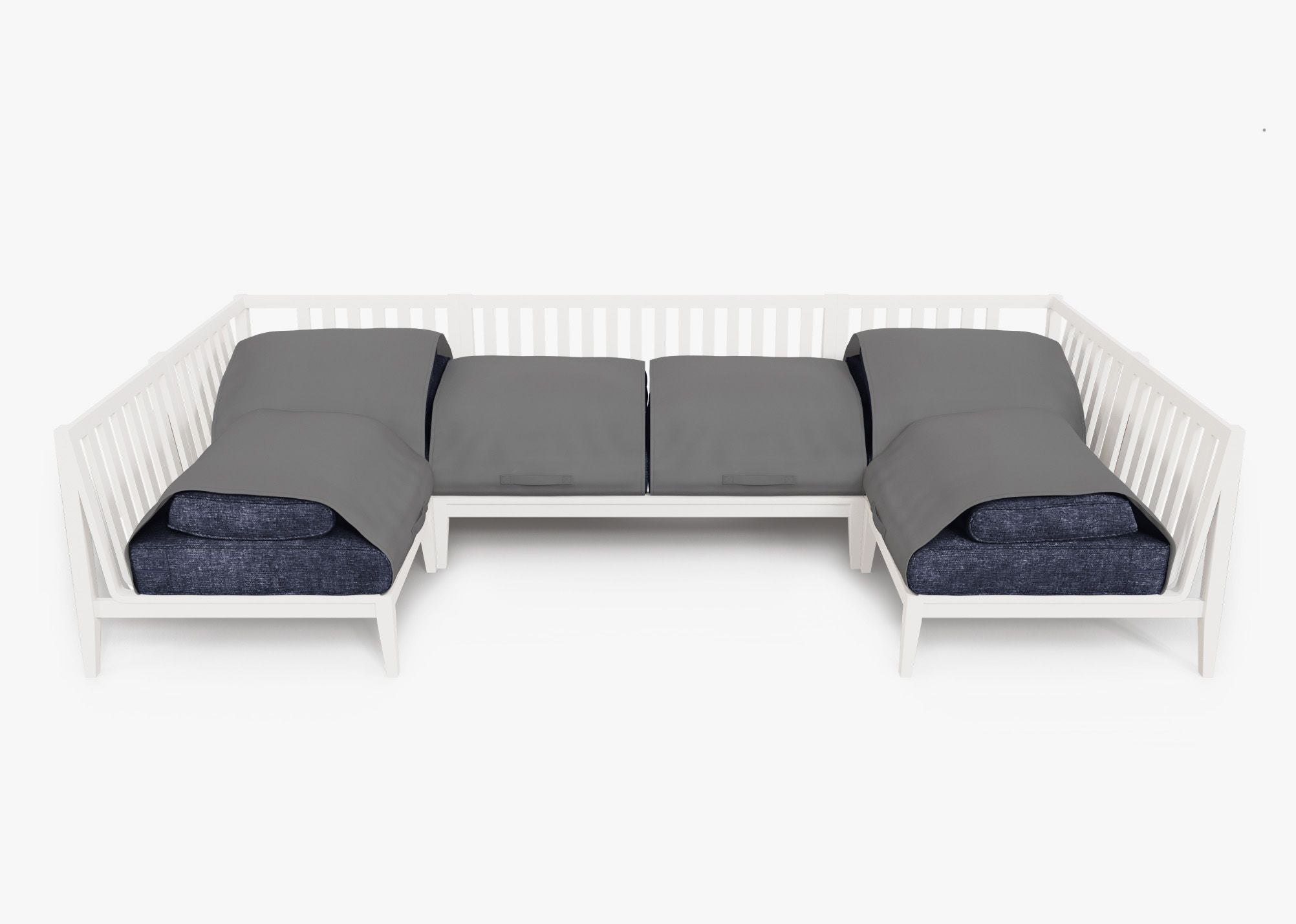 White Aluminum Outdoor U Sectional - 6 Seat shown with the OuterShell outdoor cushion cover, offering exclusive integrated protection. #color_deep sea navy