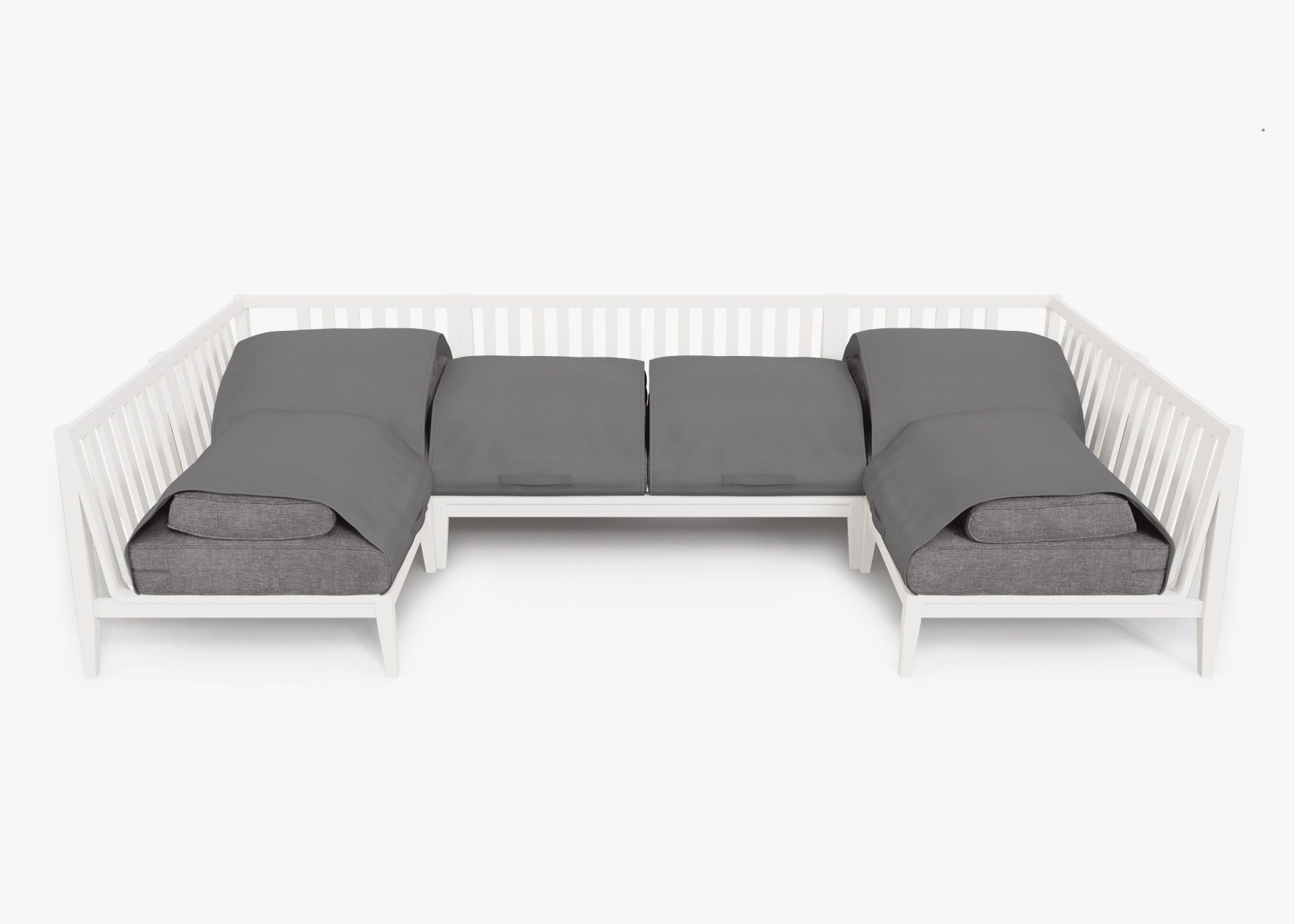 White Aluminum Outdoor U Sectional - 6 Seat shown with the OuterShell outdoor cushion cover, offering exclusive integrated protection. #color_dark pebble gray