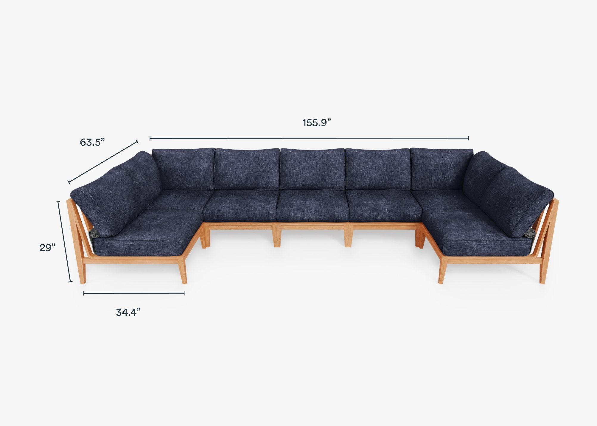 Teak Outdoor U Sectional - 7 Seat dimensions in inches, also listed under Dimensions and Weights. #color_deep sea navy