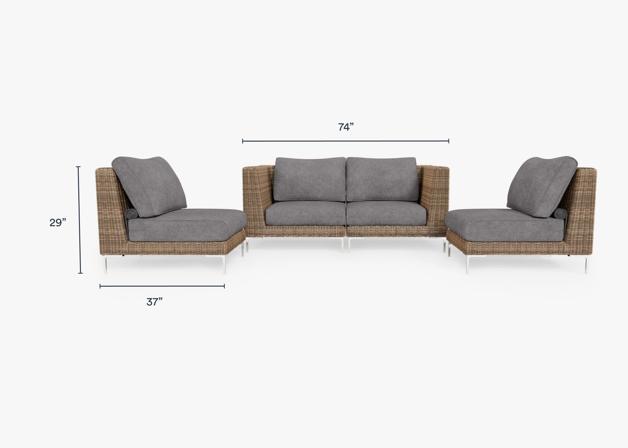 Brown Wicker Outdoor Loveseat with Armless Chairs - 4 Seat dimensions in inches, also listed under Dimensions and Weights. #color_dark pebble gray