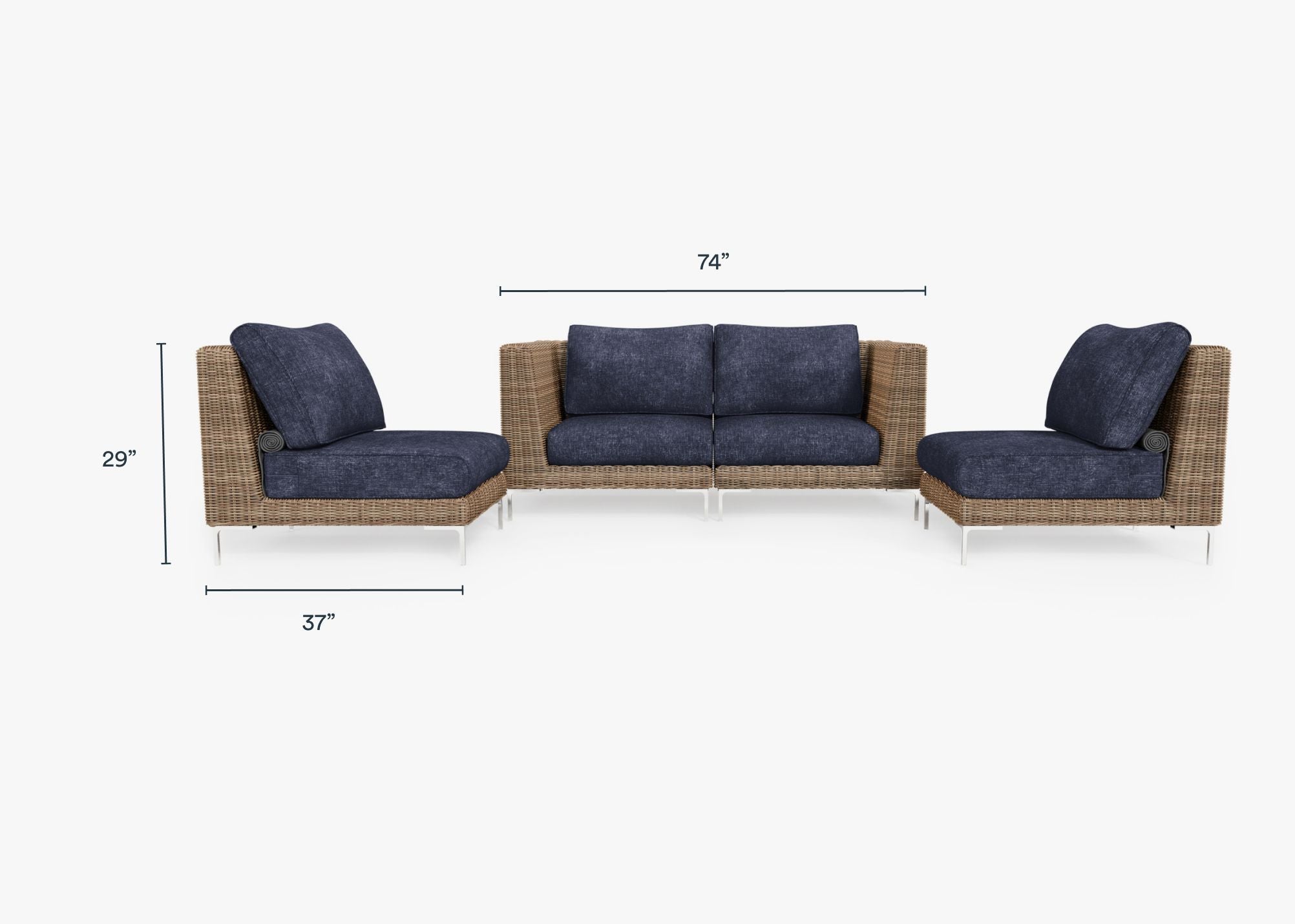 Brown Wicker Outdoor Loveseat with Armless Chairs - 4 Seat dimensions in inches, also listed under Dimensions and Weights. #color_deep sea navy