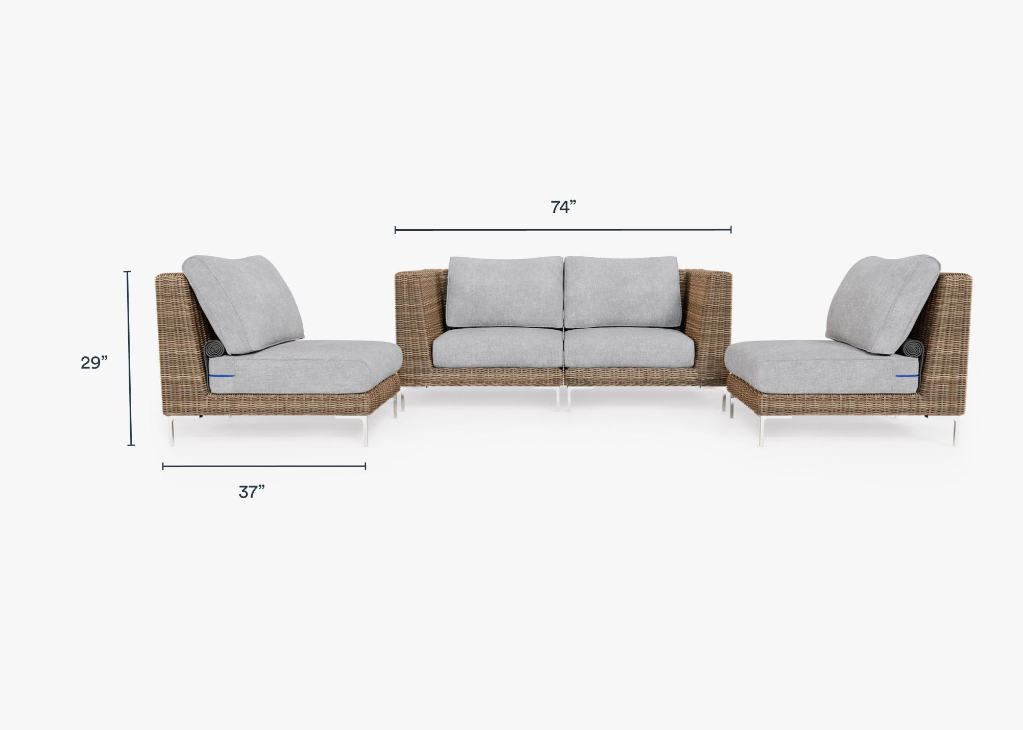 Brown Wicker Outdoor Loveseat with Armless Chairs - 4 Seat dimensions in inches, also listed under Dimensions and Weights. #color_pacific fog gray