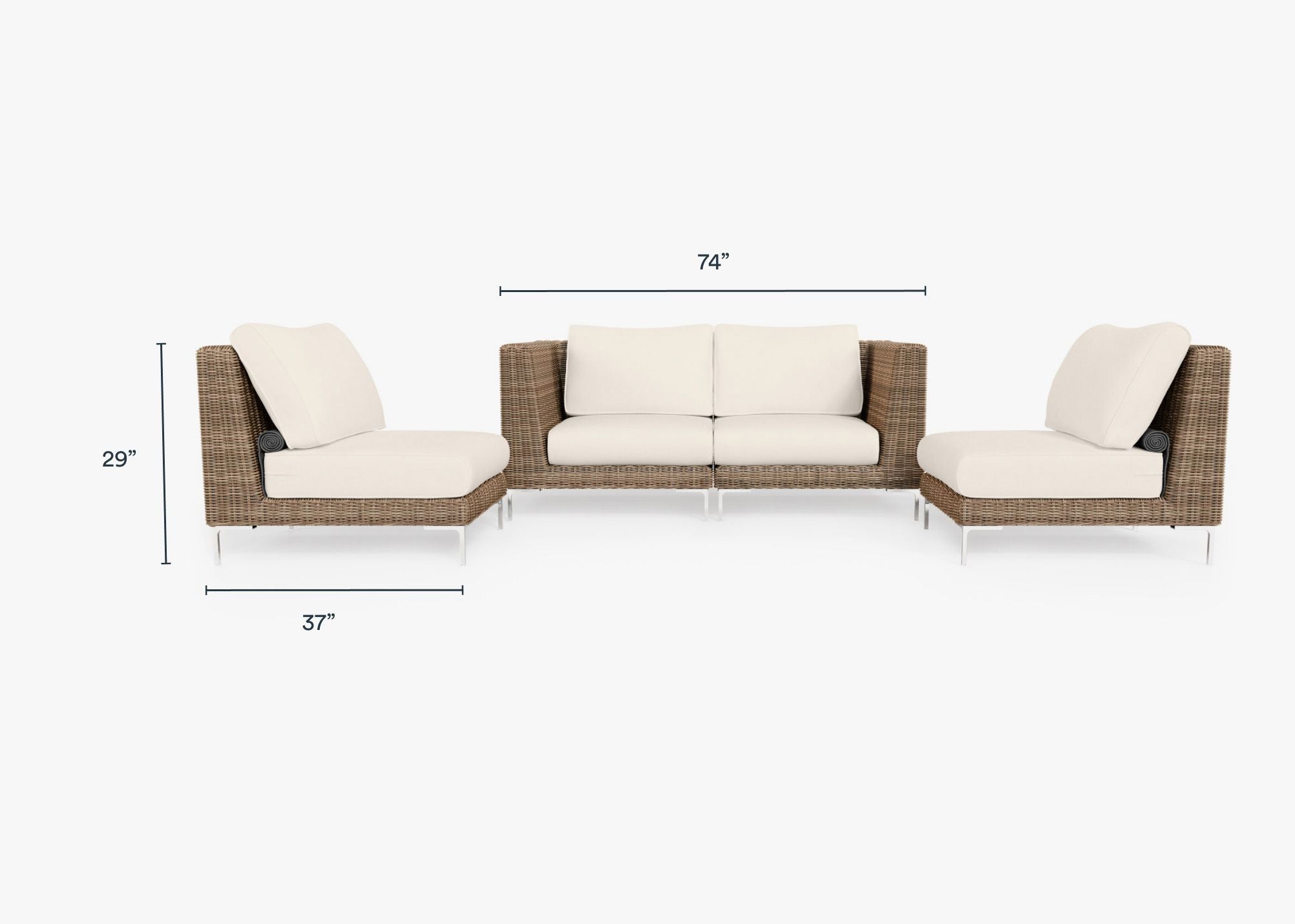 Brown Wicker Outdoor Loveseat with Armless Chairs - 4 Seat dimensions in inches, also listed under Dimensions and Weights. #color_palisades cream