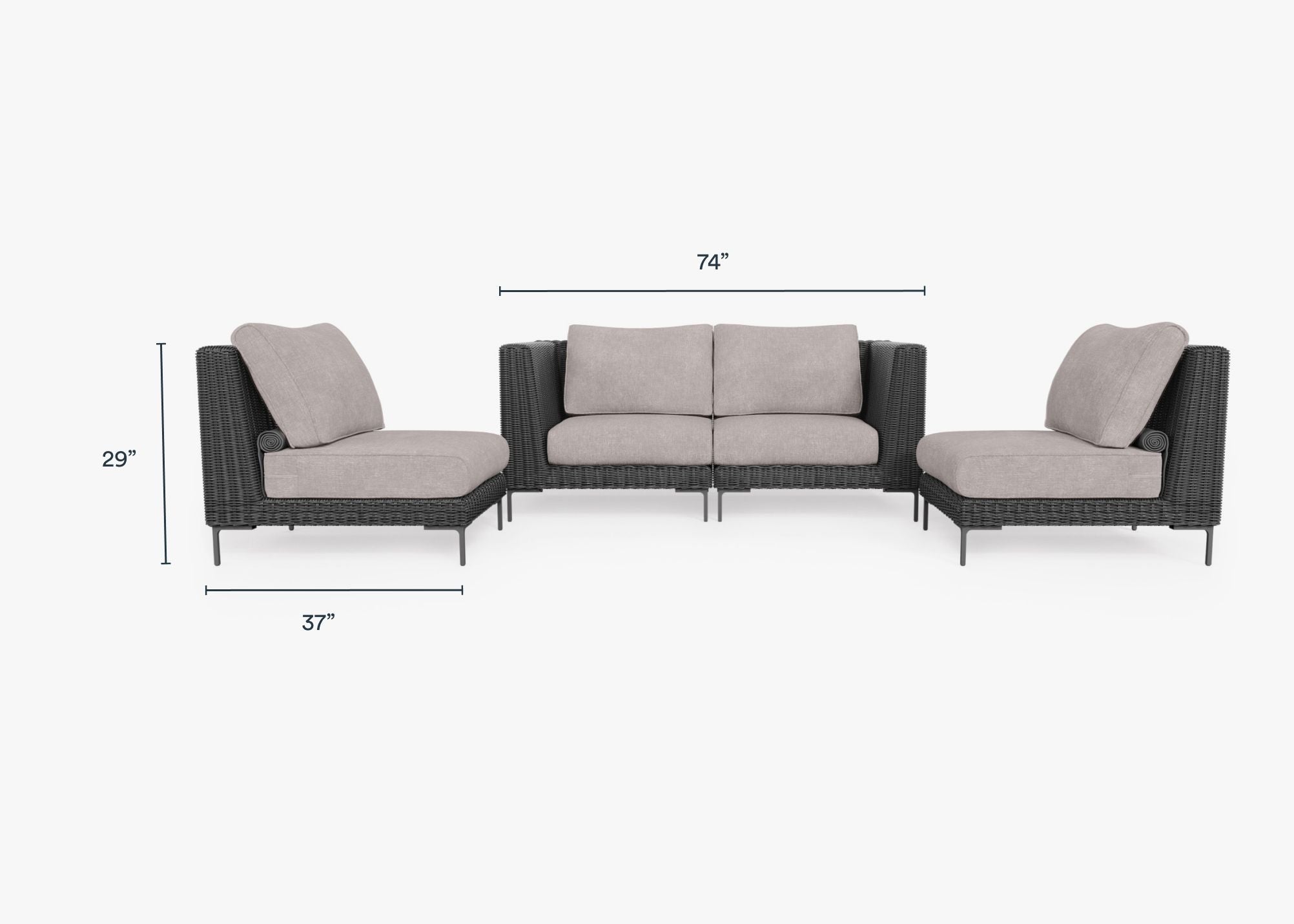 Black Wicker Outdoor Loveseat with Armless Chairs - 4 Seat dimensions in inches, also listed under Dimensions and Weights. #color_sandstone gray