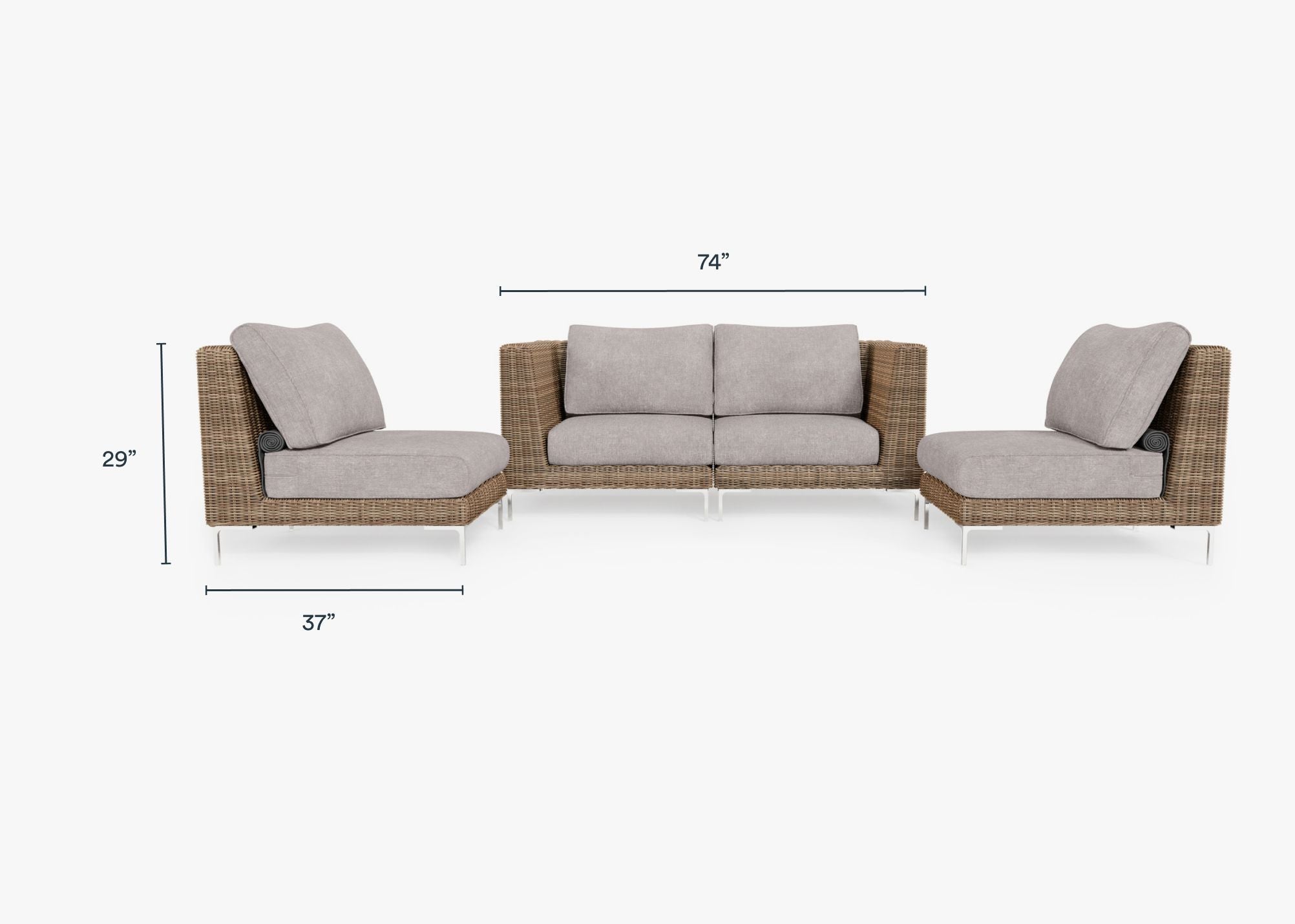Brown Wicker Outdoor Loveseat with Armless Chairs - 4 Seat dimensions in inches, also listed under Dimensions and Weights. #color_sandstone gray