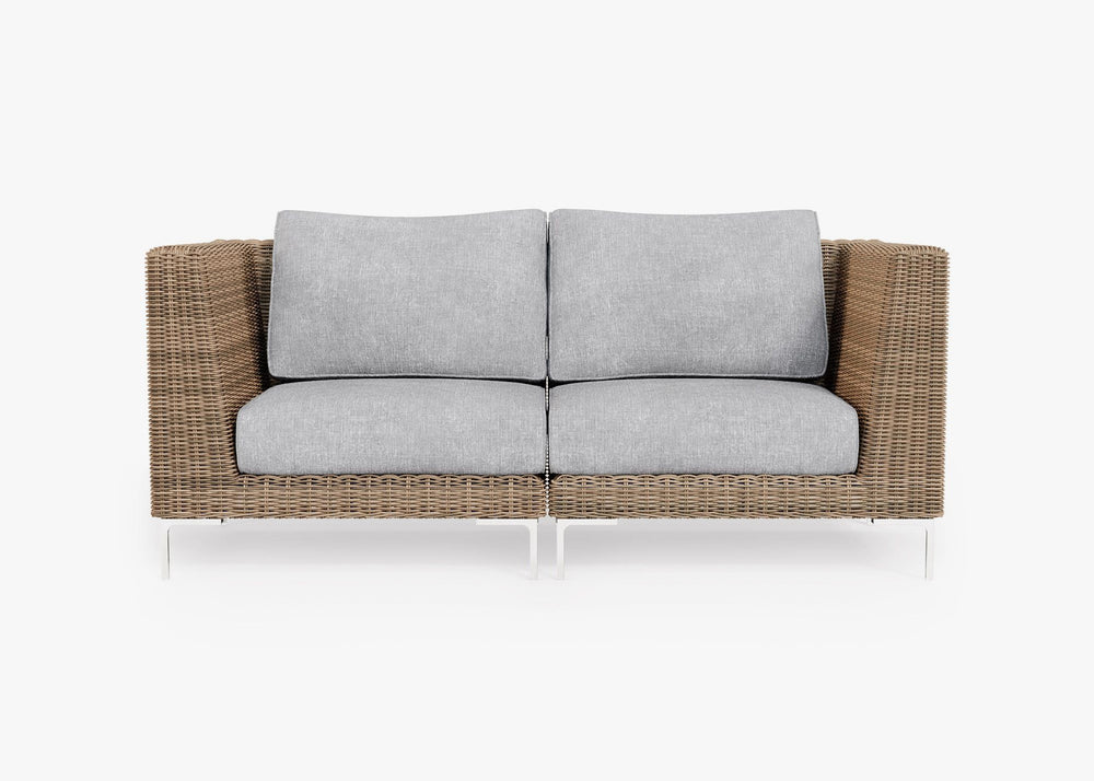 Brown Wicker Loveseat in Pacific Fog Gray, front view. #title_default title