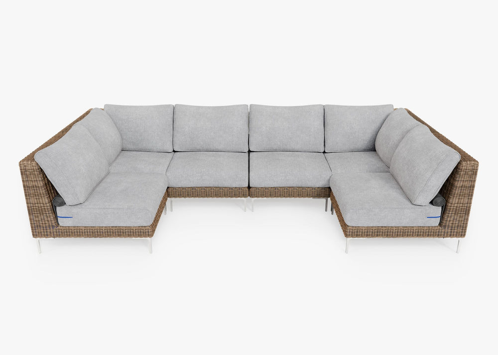 Brown Wicker U Sectional - 6 Seat, front view. #title_default title