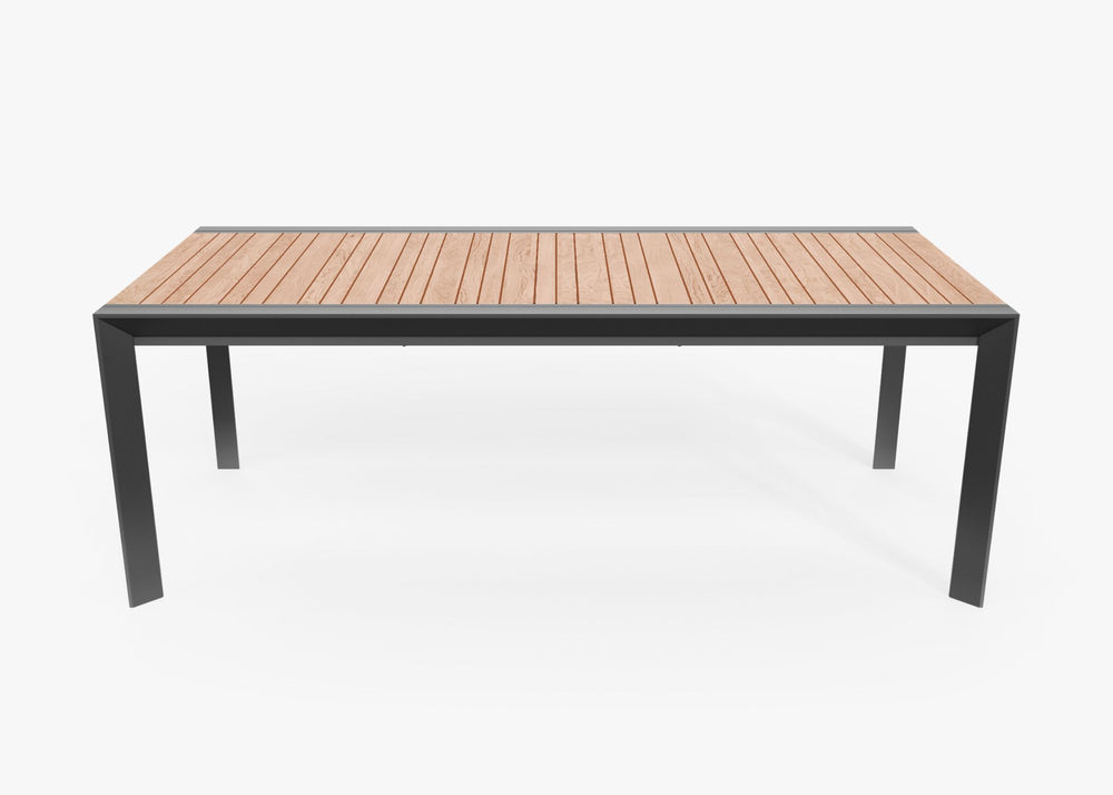 Teak and Aluminum Expandable Dining Table, front view. #title_default title