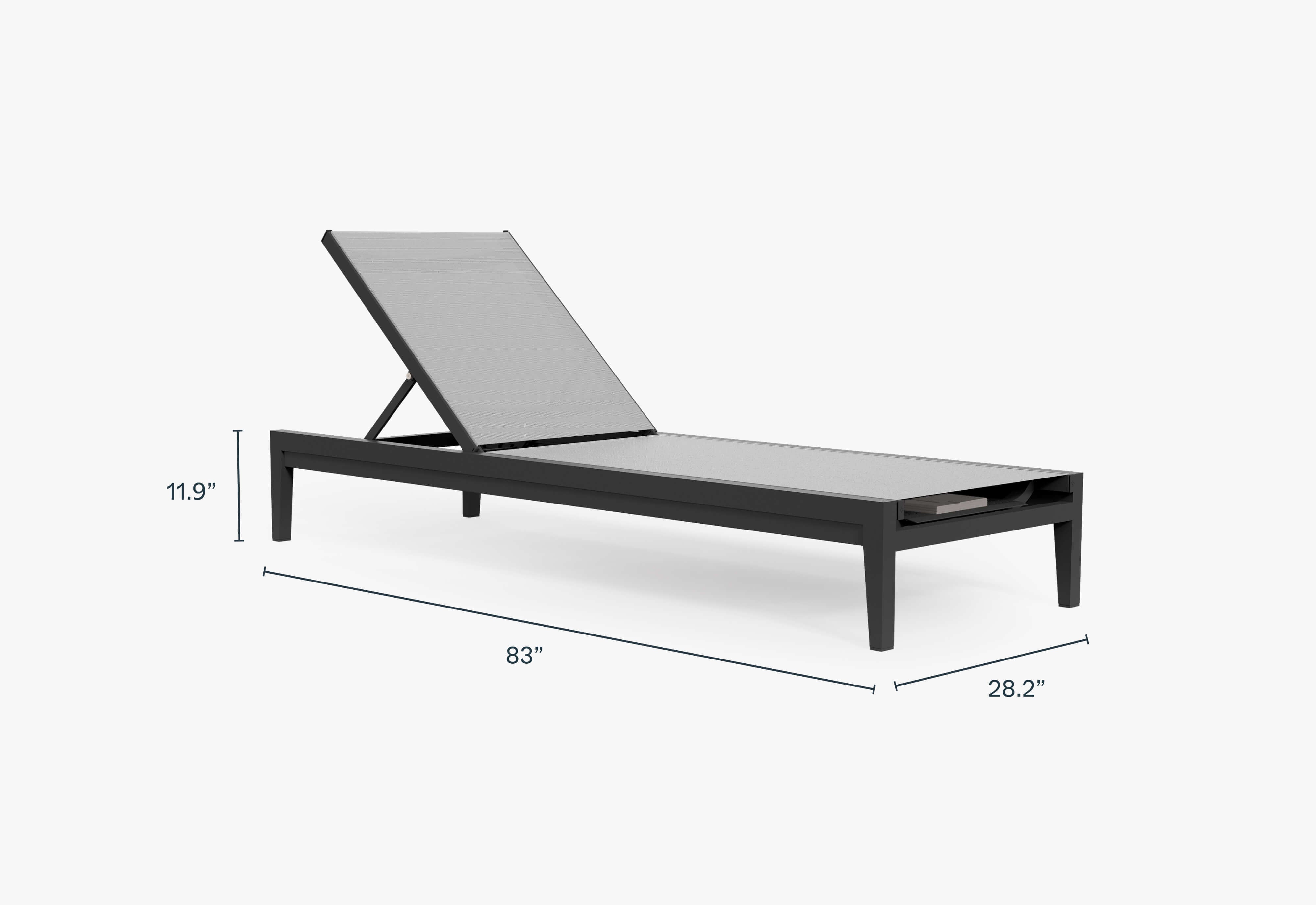 Charcoal Aluminum Chaise shown without cushion, dimensions in inches. #chaise color_charcoal