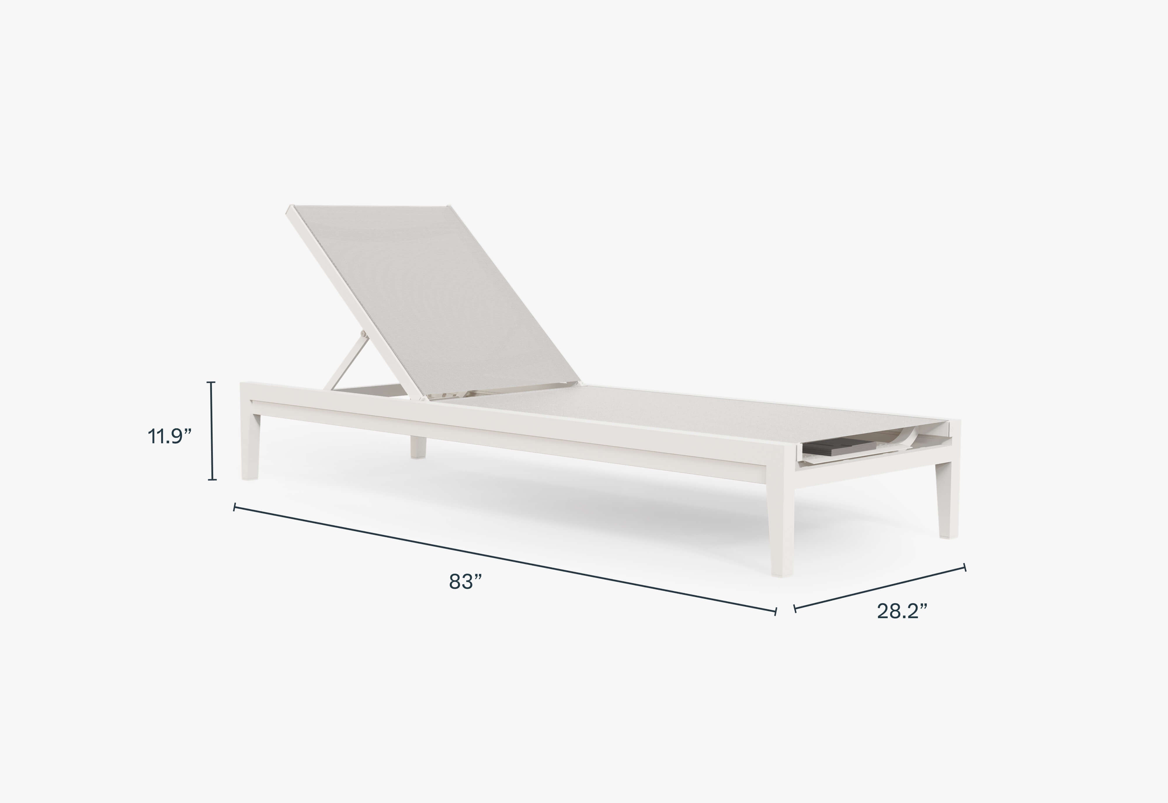 Charcoal Aluminum Chaise shown without cushion, dimensions in inches. #chaise color_white