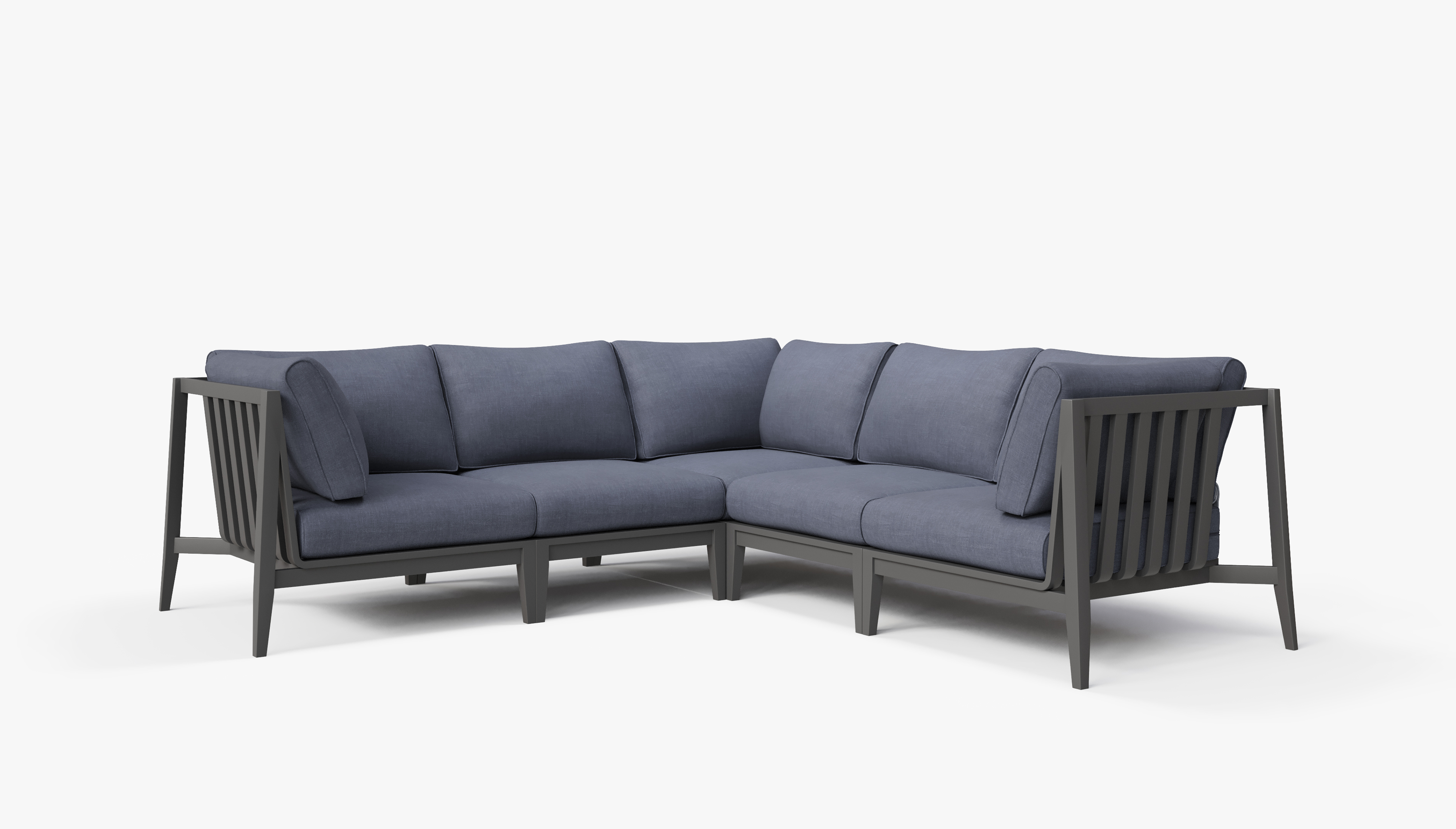 Charcoal Aluminum Outdoor Corner Sectional - 5 Seat, front. Comfortable, durable, and weather resistant outdoor seating with memory foam. #color_deep sea navy