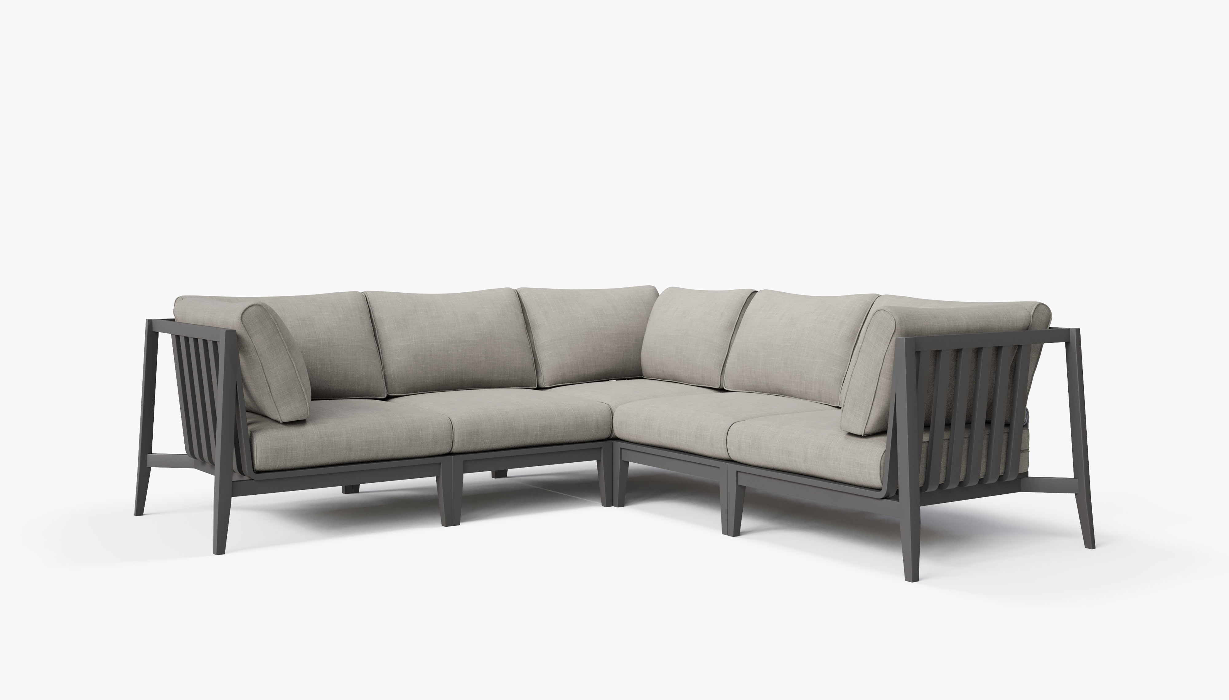 Charcoal Aluminum Outdoor Corner Sectional - 5 Seat, front. Comfortable, durable, and weather resistant outdoor seating with memory foam. #color_sandstone gray