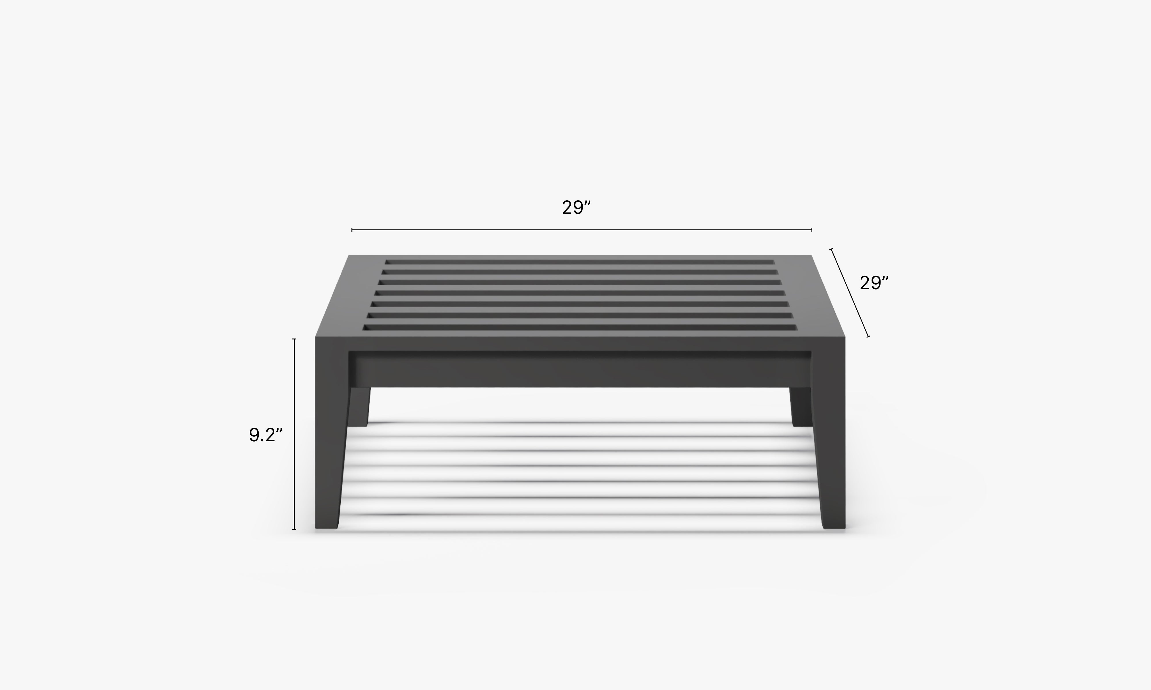 Outer charcoal ottoman frame dimensions 29 inch by 29 inch with 9.2 inch height for outdoor patio seating or side table use